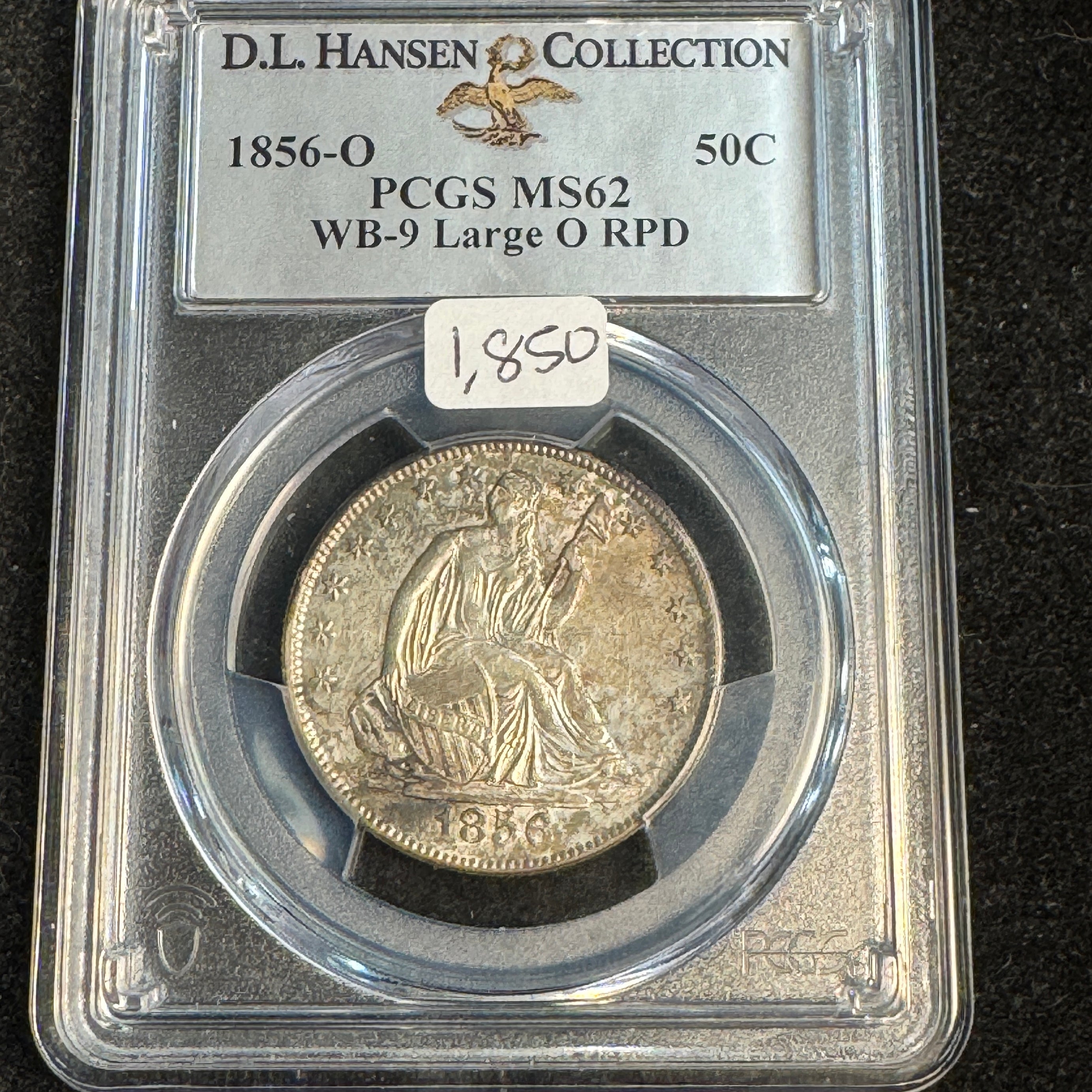 1856-O Seated Liberty 50c, WB-9 Large O RPD, PCGS MS-62 - D.L. Hansen Collection