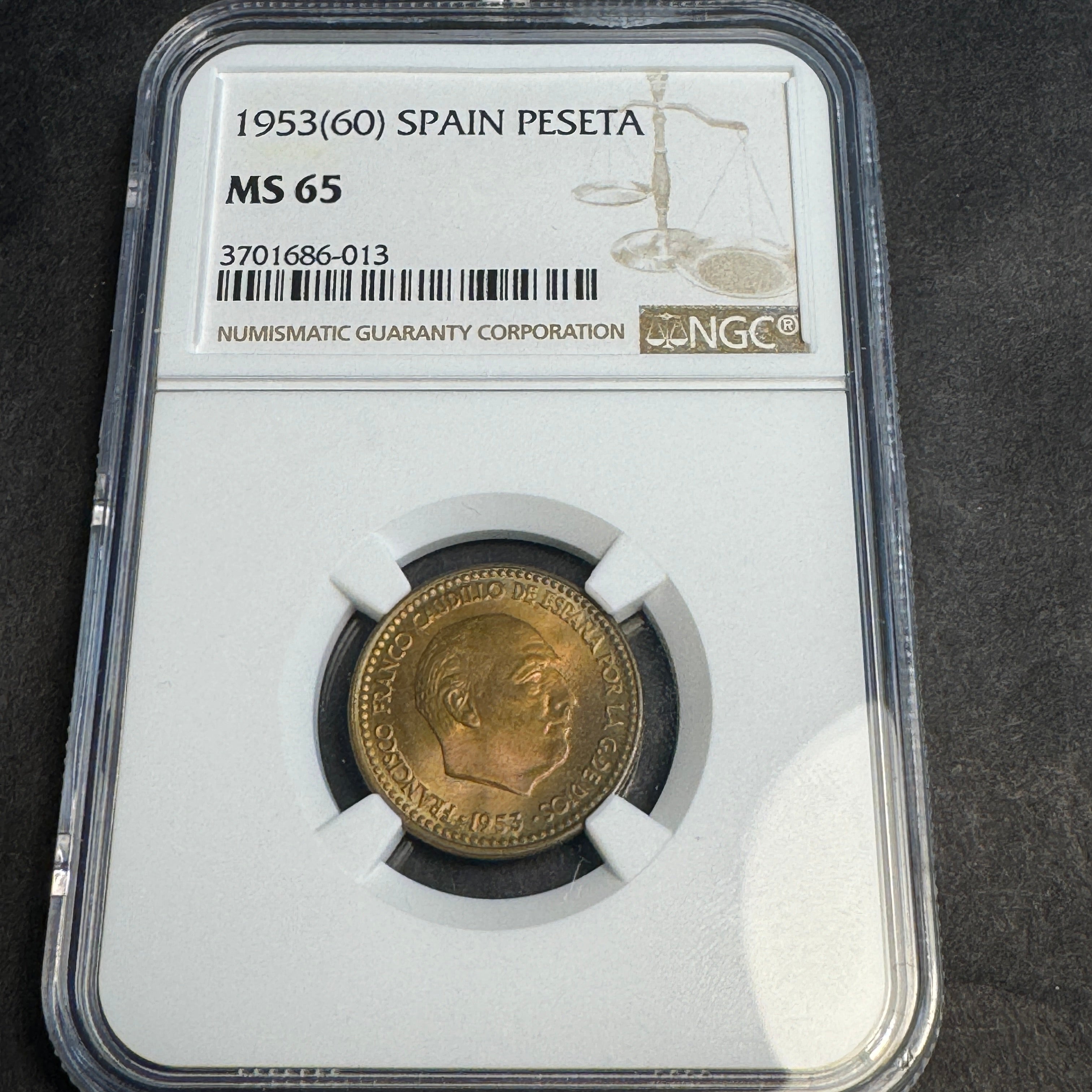 1953 (*1960) Spain 1 Peseta, Franco, KM-775, NGC MS-65, Pop 4/7 🇪🇸