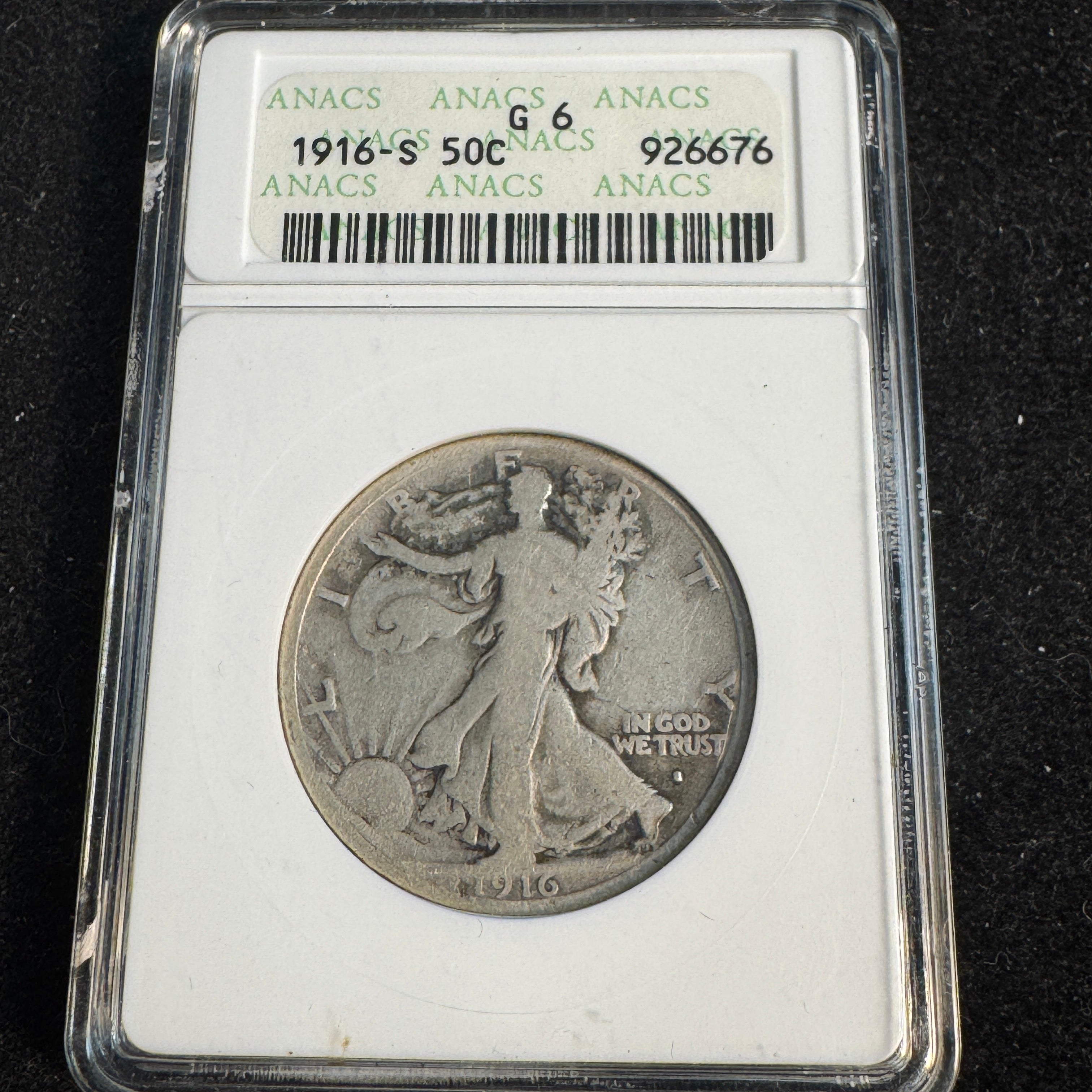 1916-S Walking Liberty Half Dollar 50c, Obverse Mintmark, Soapbox ANACS G-6