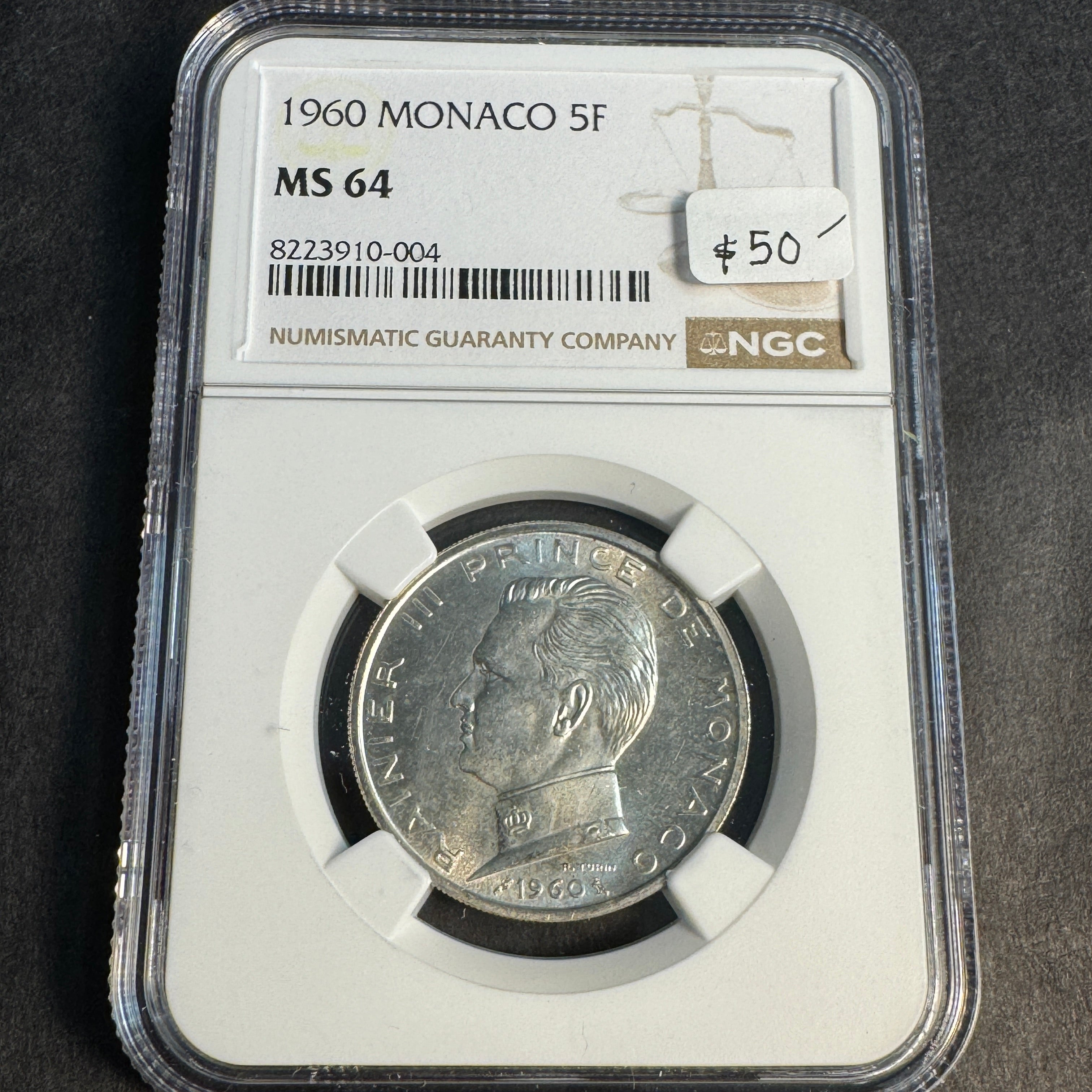 1960 (a) Monaco AR 5 Francs, Ranier III, NGC MS-64