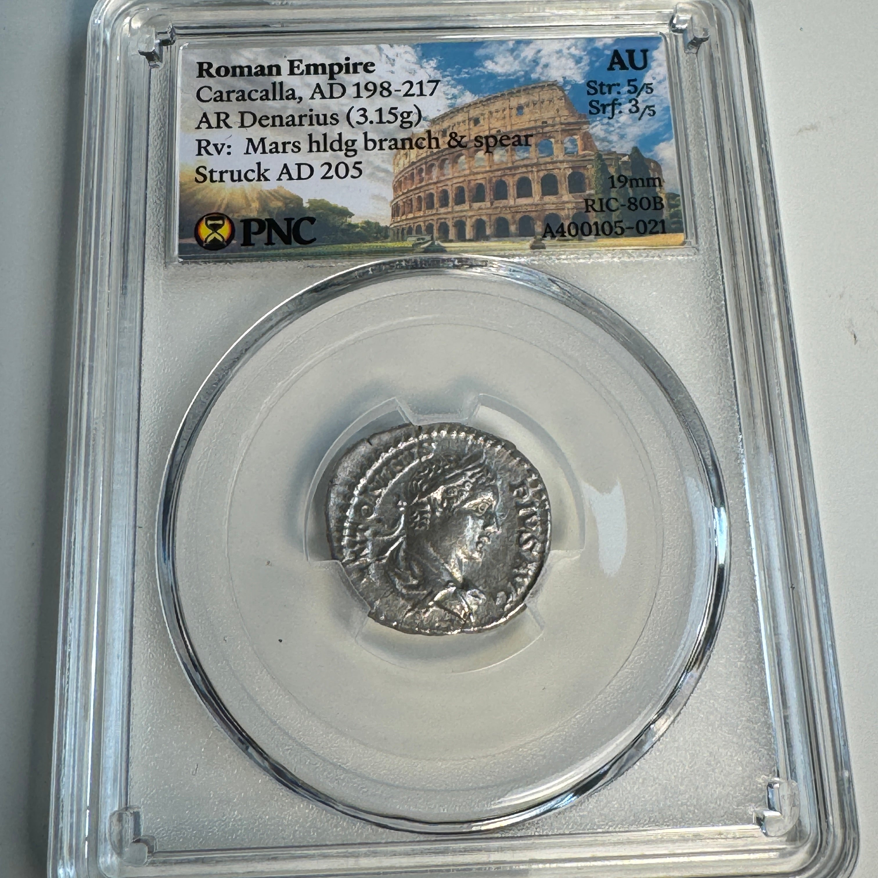 Caracalla (AD 198-217) Roman Empire, AR Denarius, Rx: Mars w/spear, RIC-80B, PNC AU