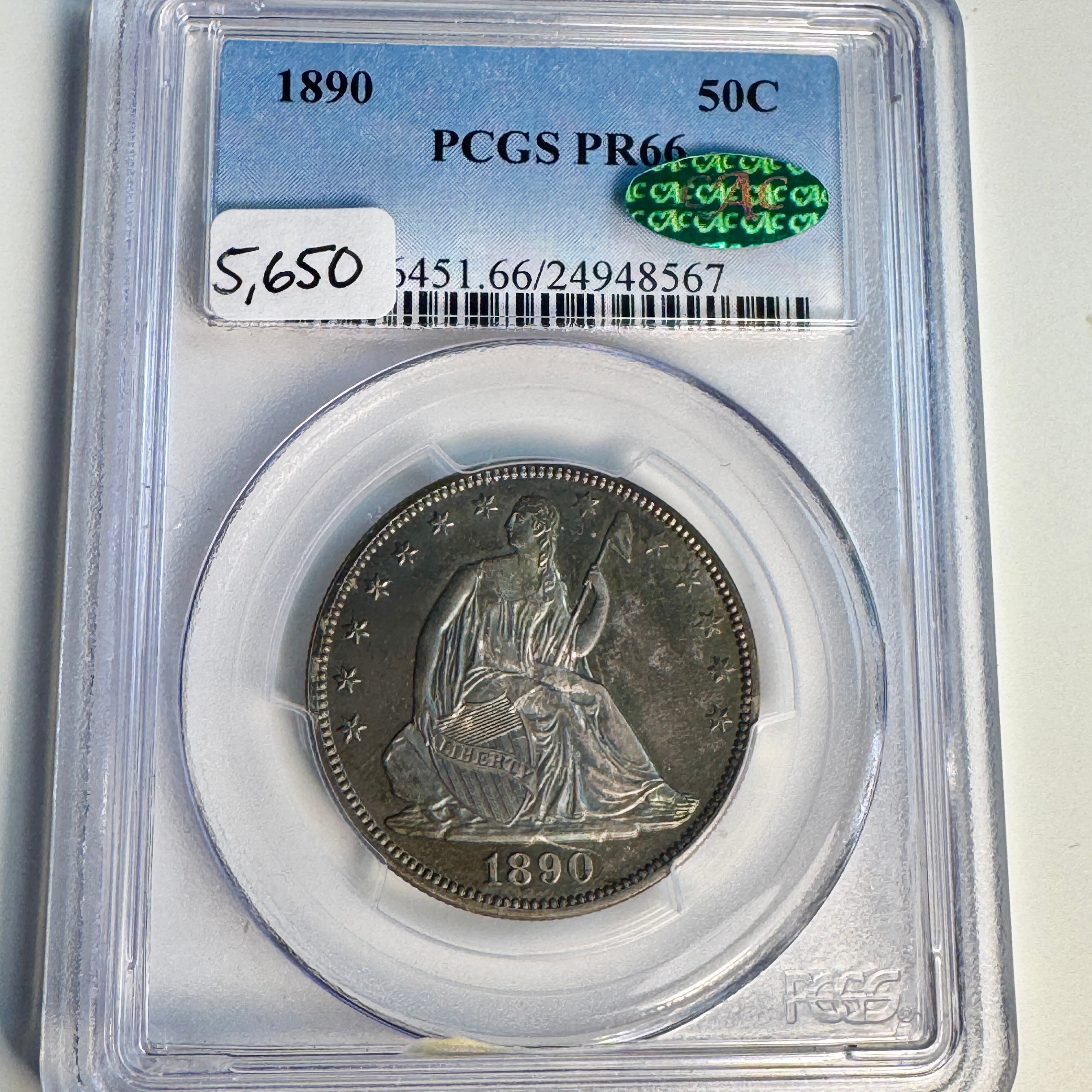 1890 Seated Liberty Half 50c Proof, PCGS PR-66 w/ Green CAC
