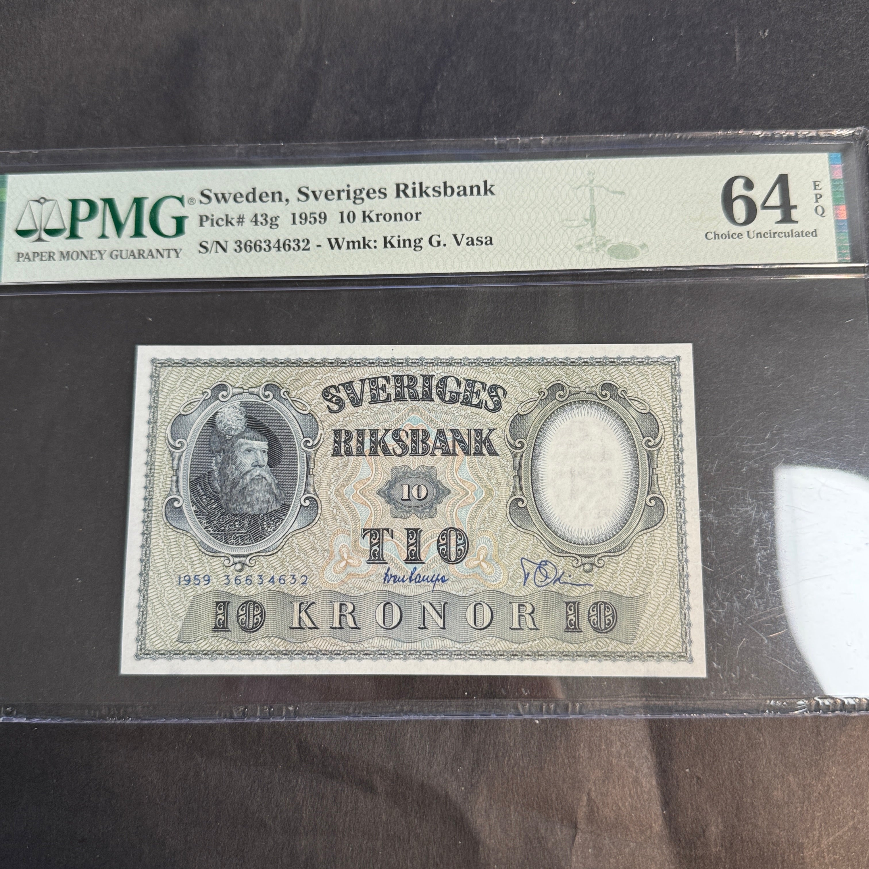 1959 Sweden 10 Kronor, King Vasa, P#43g, PMG Ch.UNC 64 EPQ