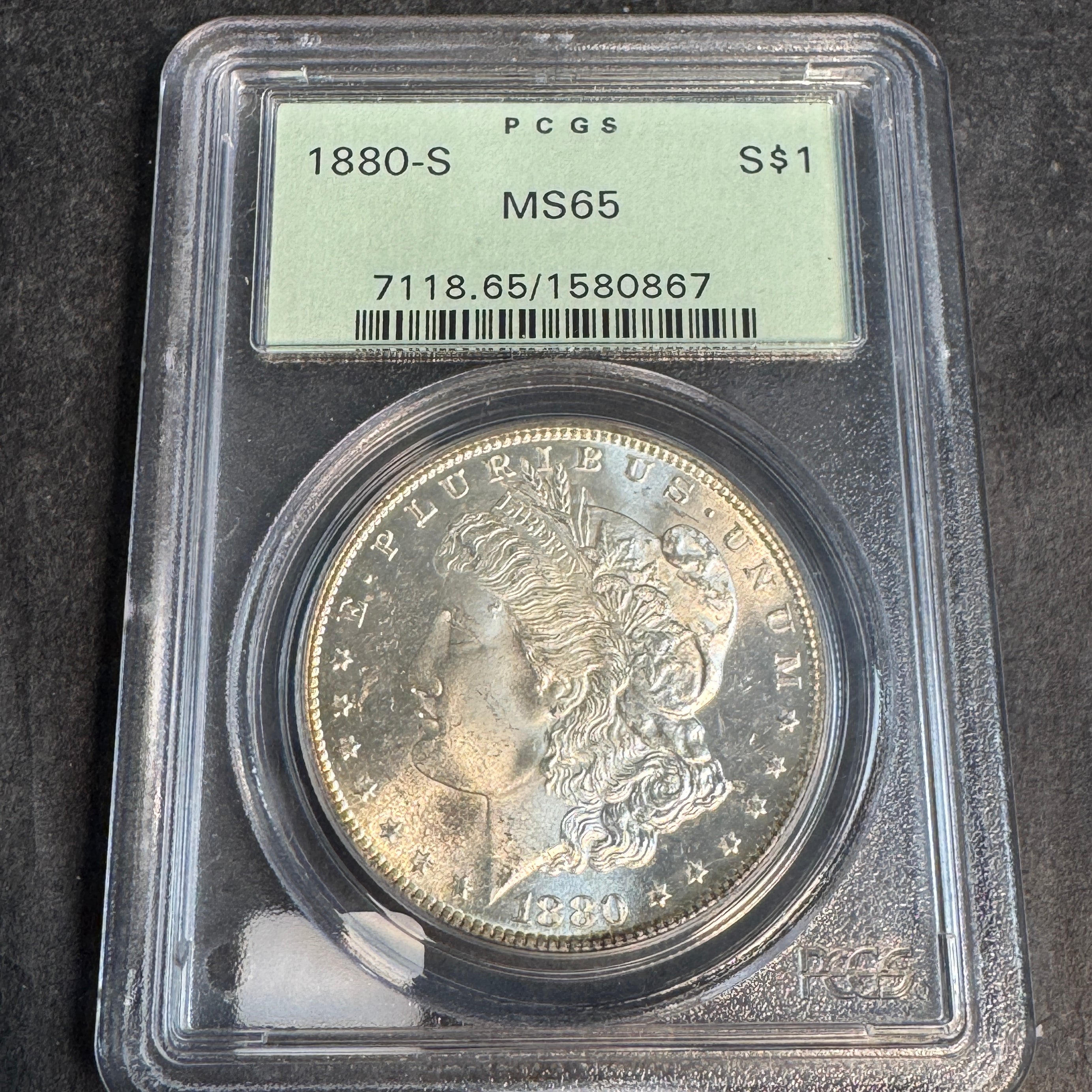 1885-S Morgan Silver Dollar, OGH PCGS MS-65