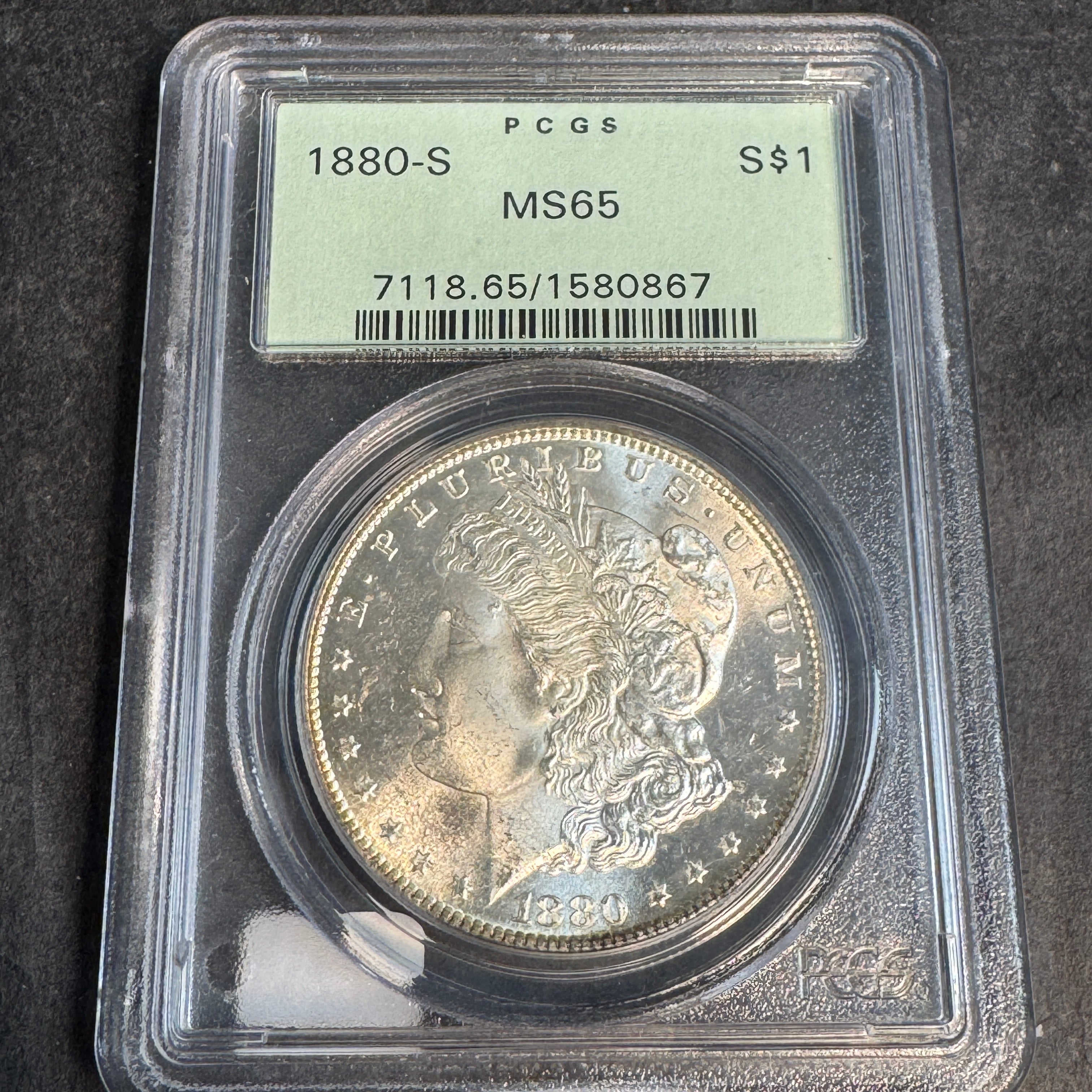 1885-S Morgan Silver Dollar, OGH PCGS MS-65