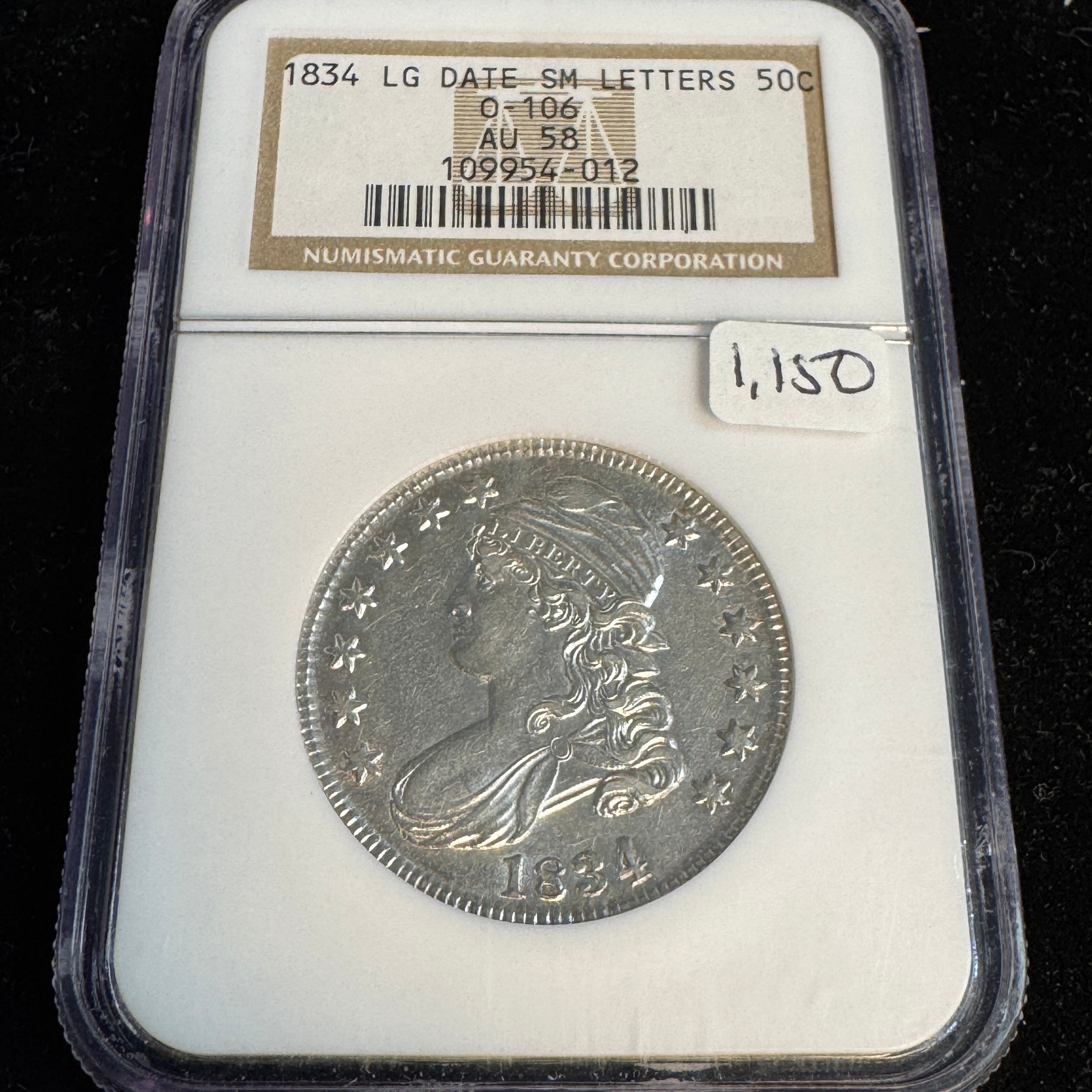 1834 Capped Bust Half Dollar, Lg Date Sm Ltrs, O-106, NGC AU-58