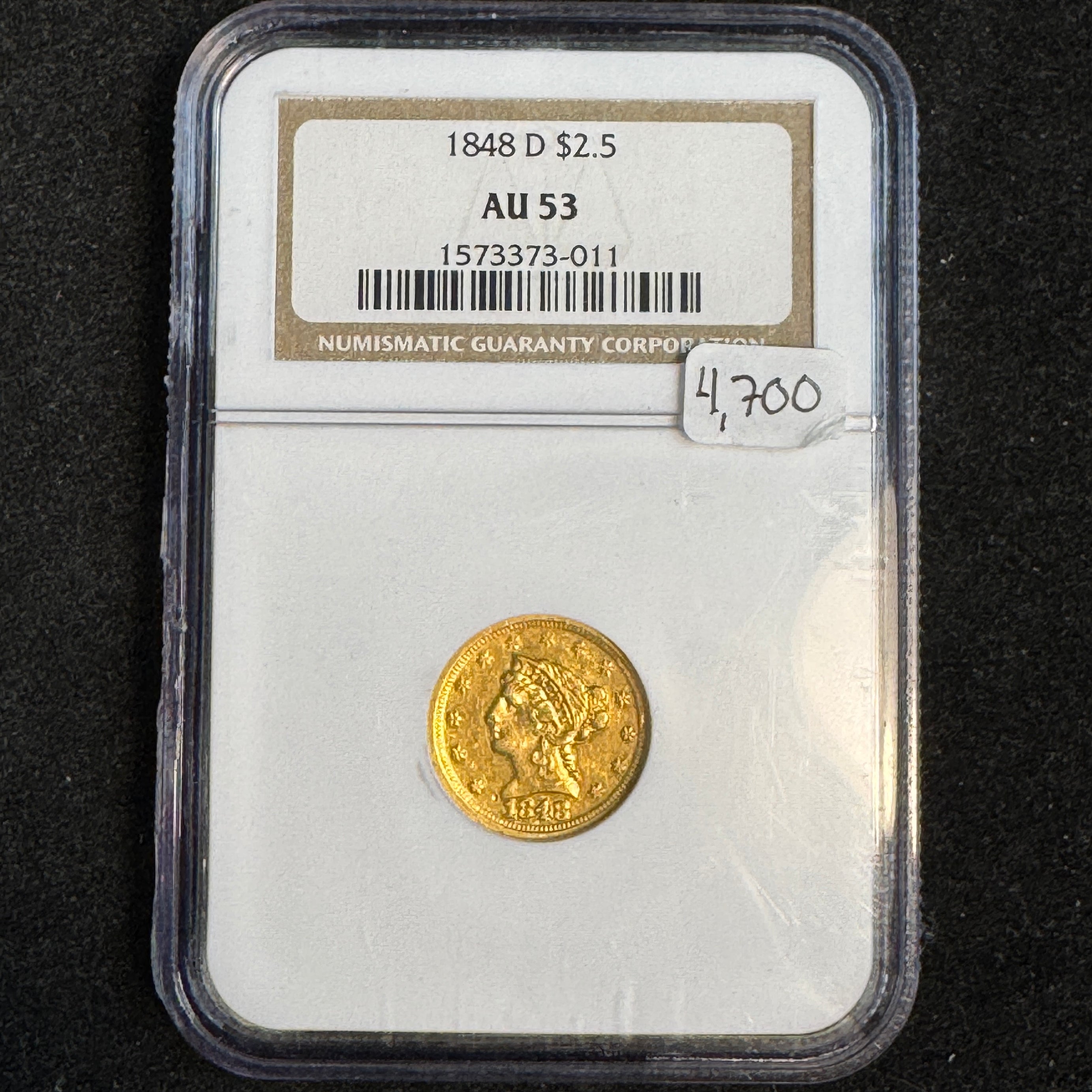 1848-D Liberty Head $2.5 Gold, Dahlonega, NGC AU-53