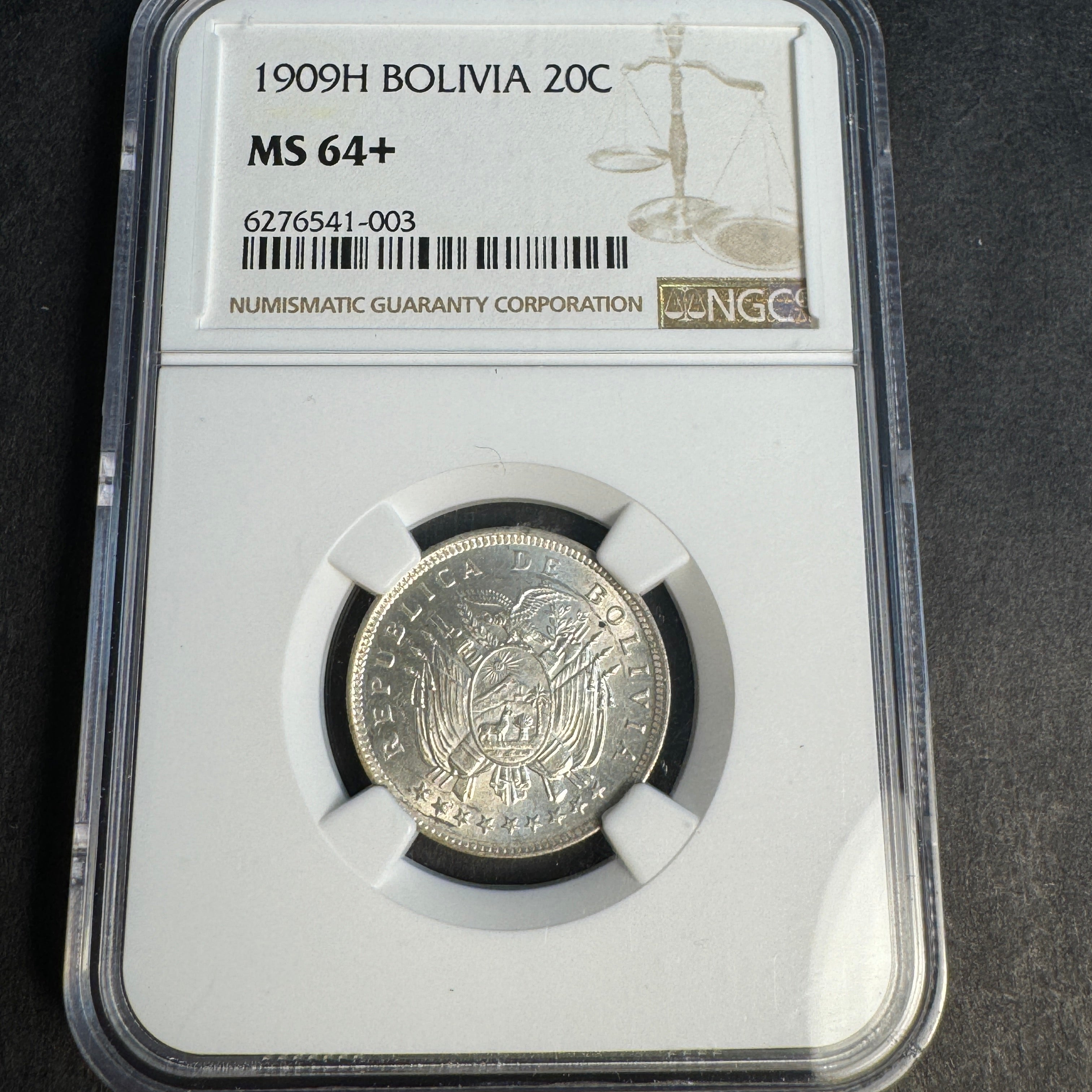 1909 H Bolivia 20 Centavos silver, NGC MS-64+ , PQ/Choice 🇧🇴