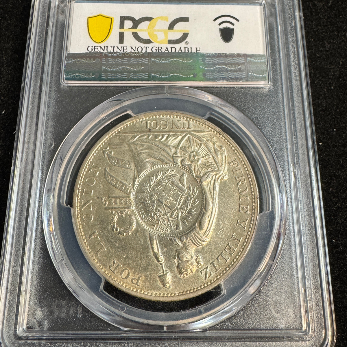 1894 Guatemala Peso KM-224 O/S on 1893-TF Peru Sol, PCGS AU Detail