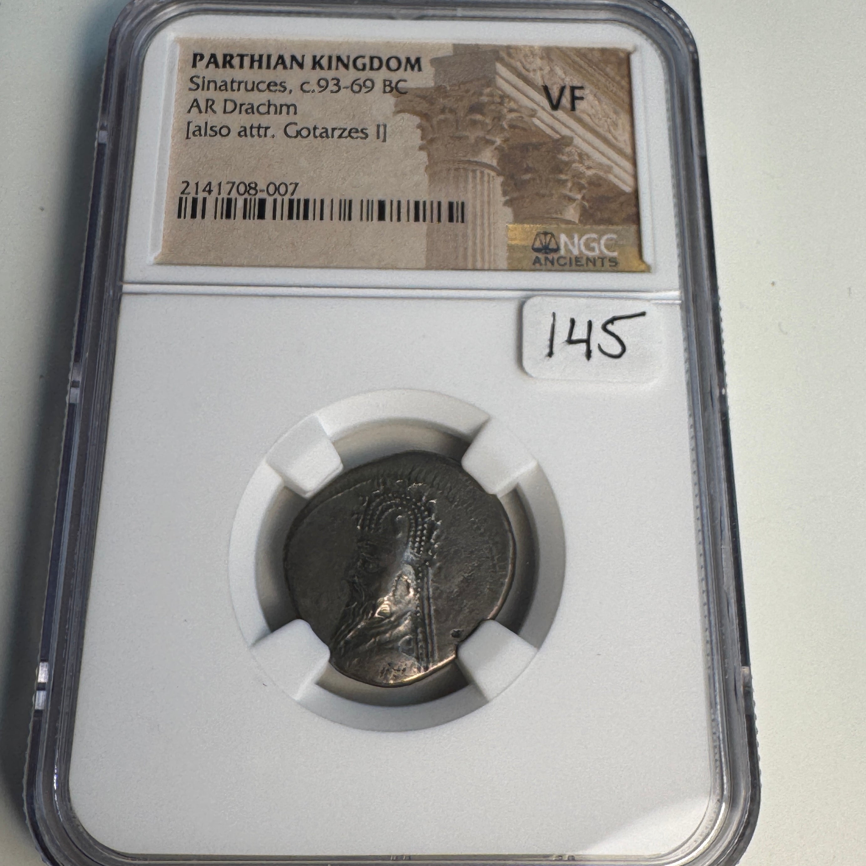 Parthian Empire, Sinatruces or Gotarzes (93-69 BC) Silver Drachm, NGC VF