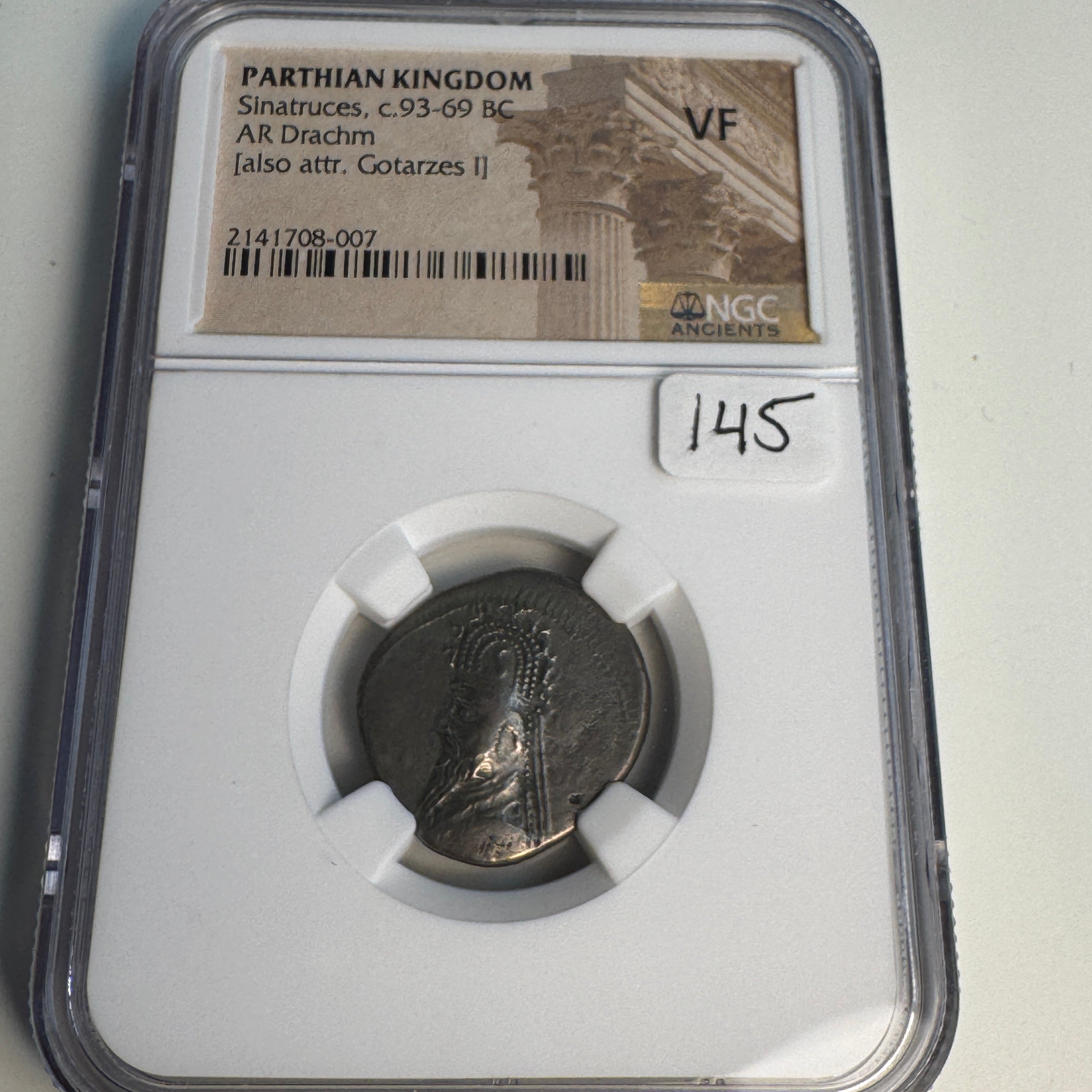 Parthian Empire, Sinatruces or Gotarzes (93-69 BC) Silver Drachm, NGC VF