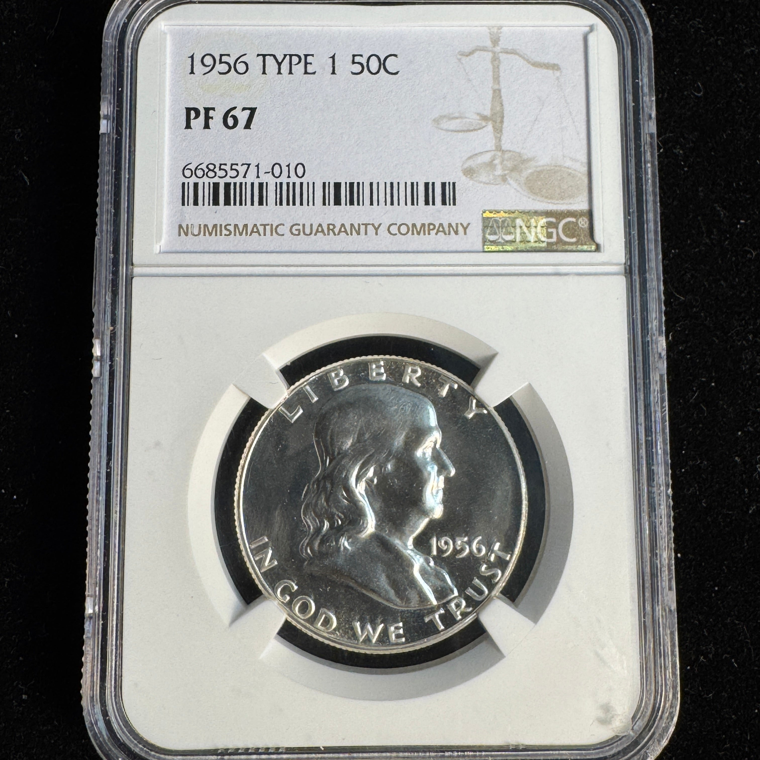 1956 Type 1 Proof Franklin Half 50c , NGC PF-67