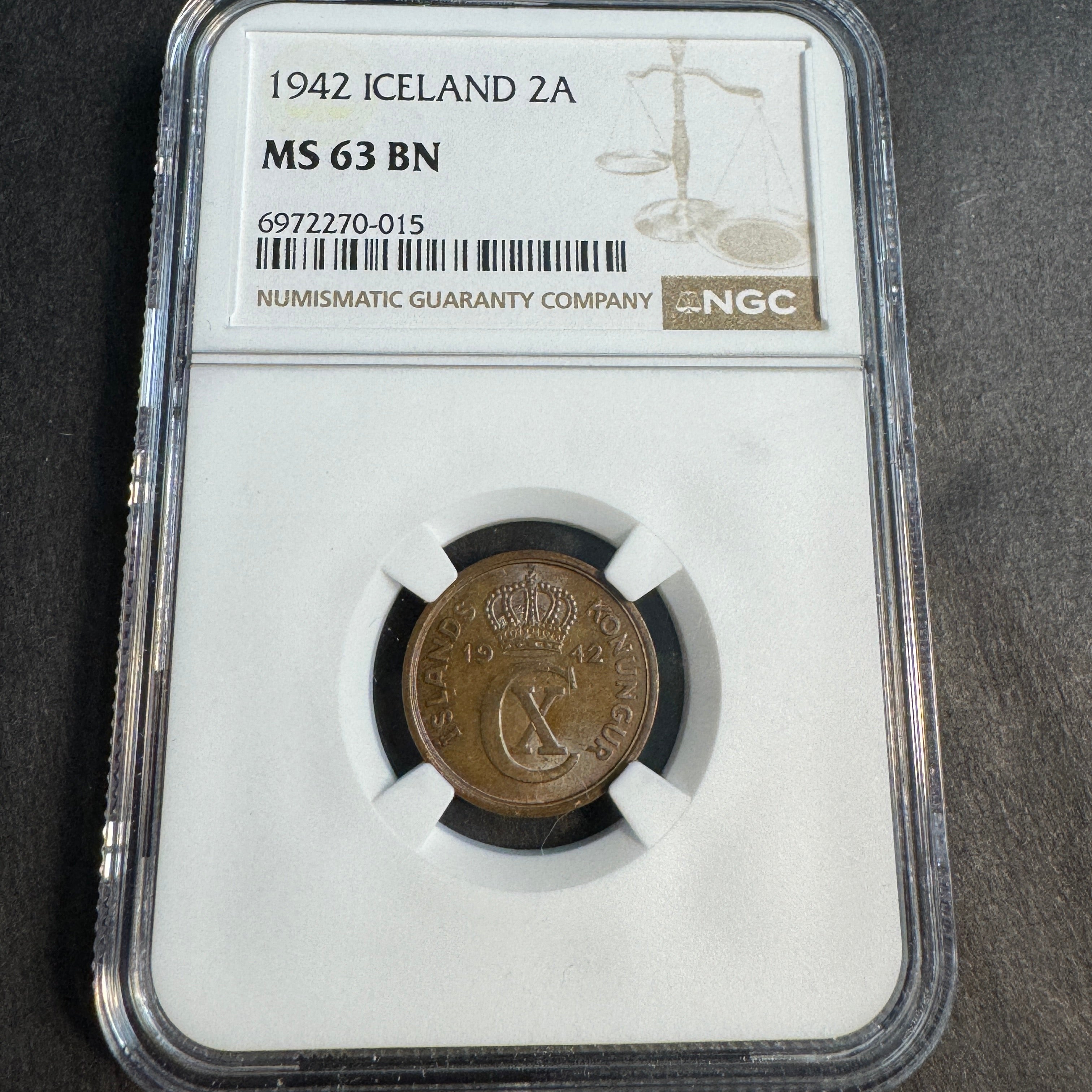 1942 Iceland 2 Aurar, Christian X, NGC MS-63 BN 🇮🇸