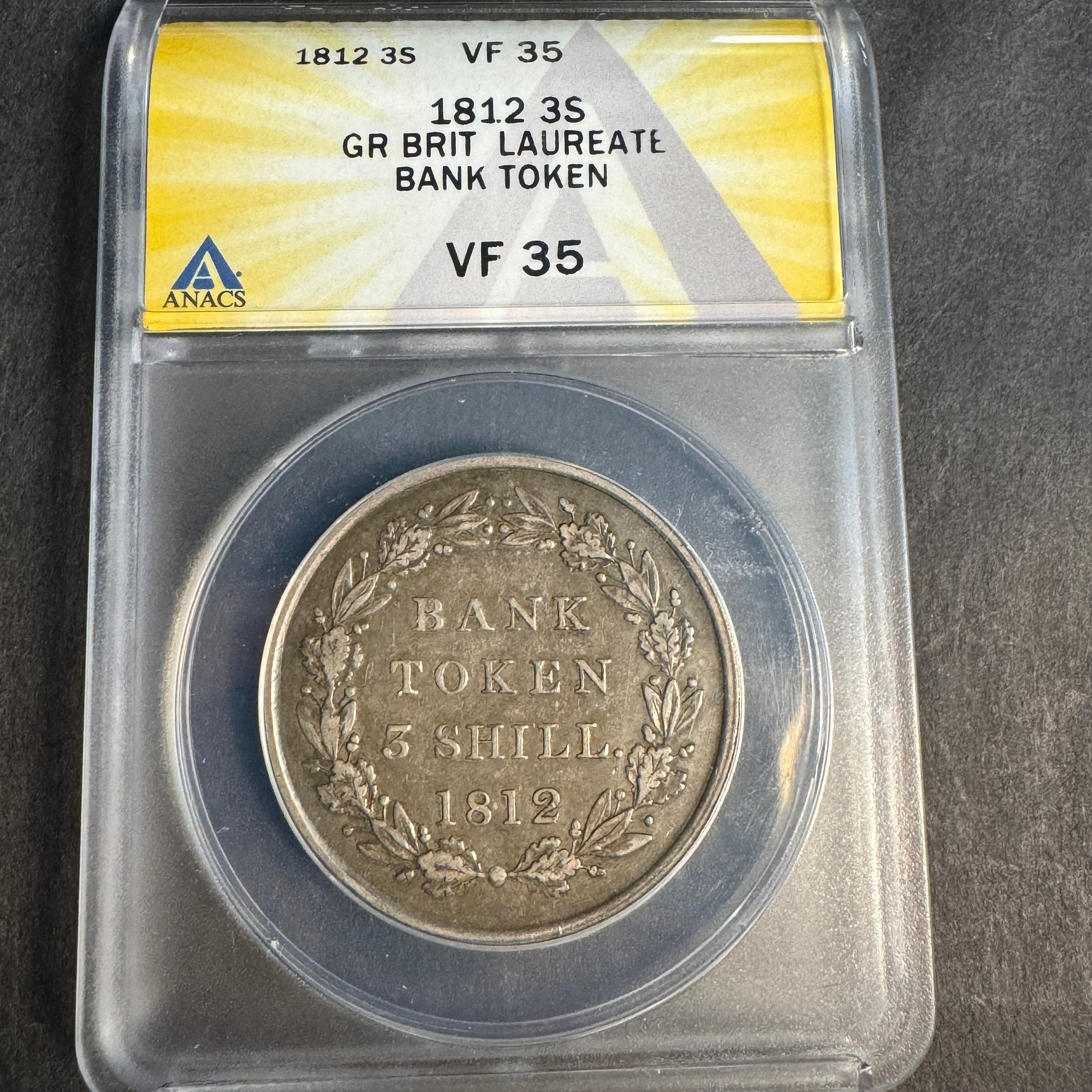 1812 Great Britain AR 3 Shilling Bank Token, George III, ANACS VF-35 🇬🇧