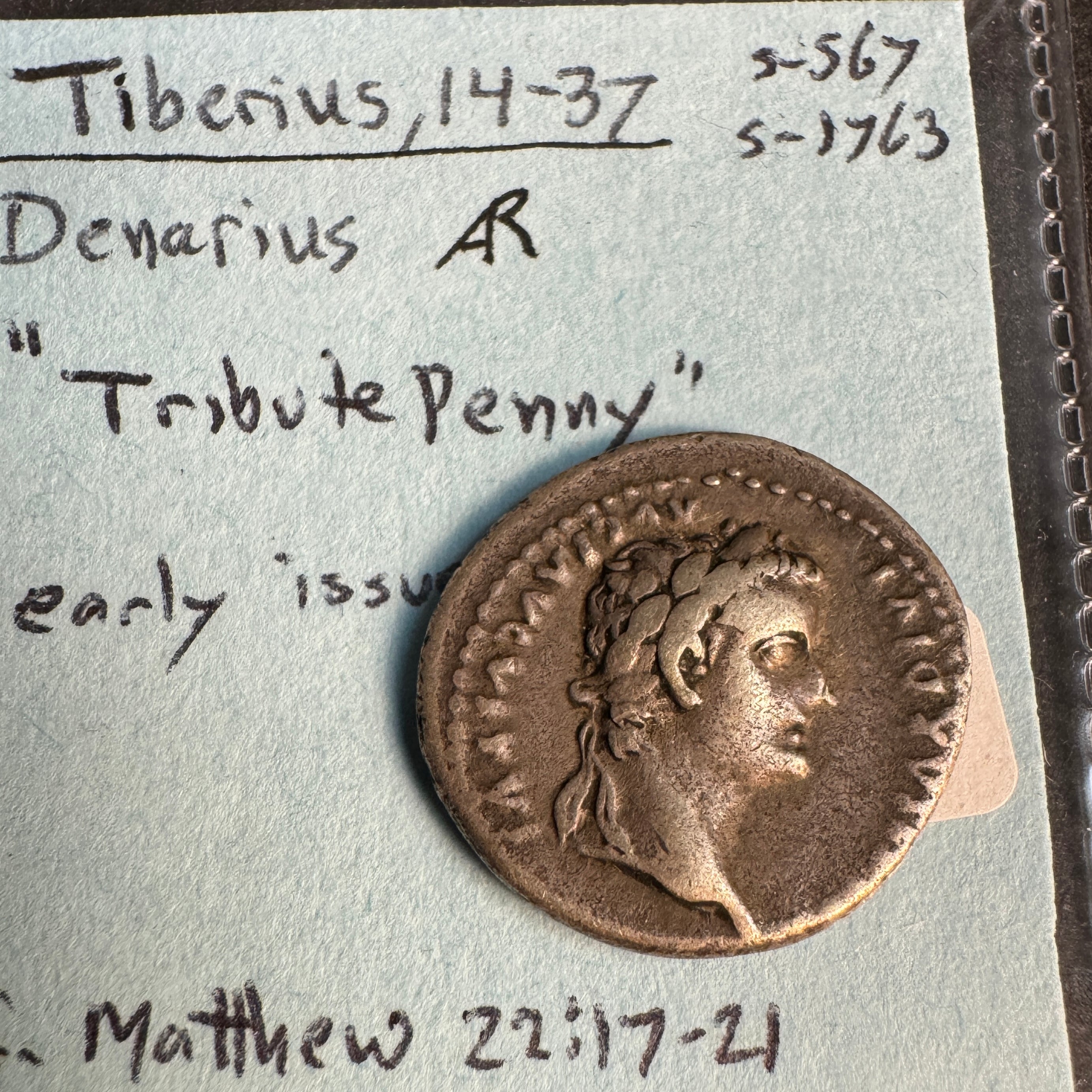 Tiberius (14-37 AD) AR Denarius, “Tribute Penny”, Roman Imperial, Rx: PAX seated rt. “Potif Maxim”