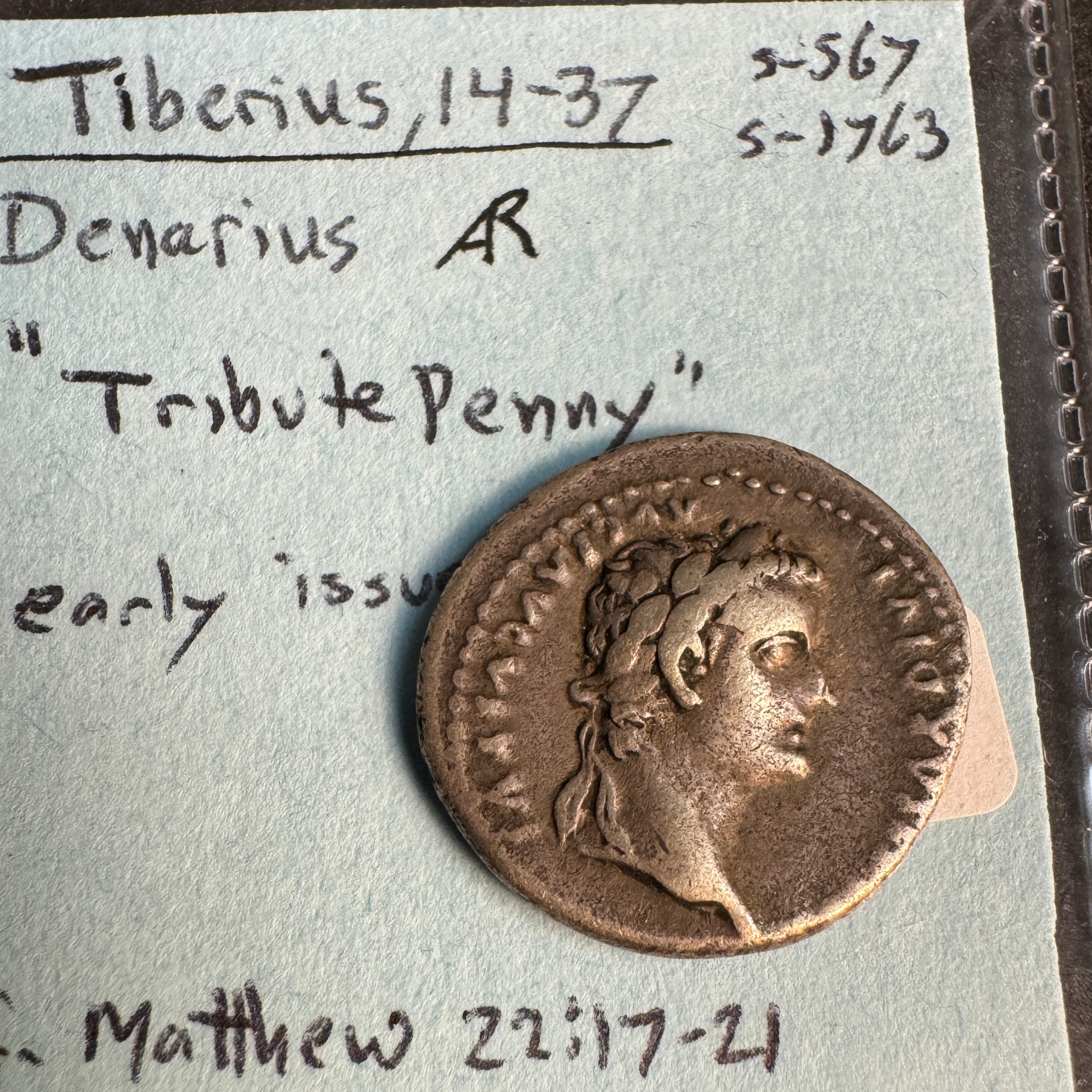 Tiberius (14-37 AD) AR Denarius, “Tribute Penny”, Roman Imperial, Rx: PAX seated rt. “Potif Maxim”