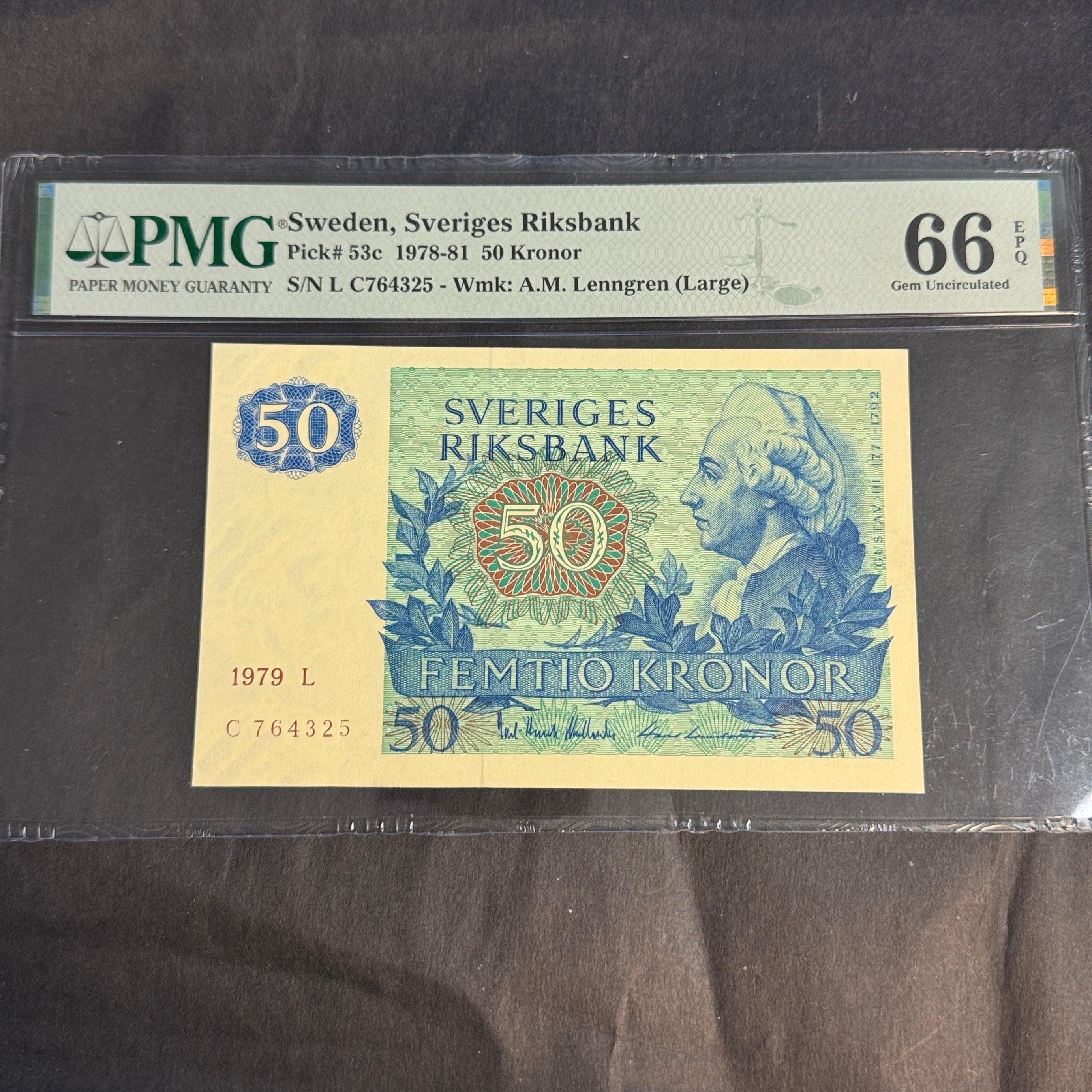1979 Sweden 50 Kronor Banknote P#53c, PMG 66 Gem UNC EPQ