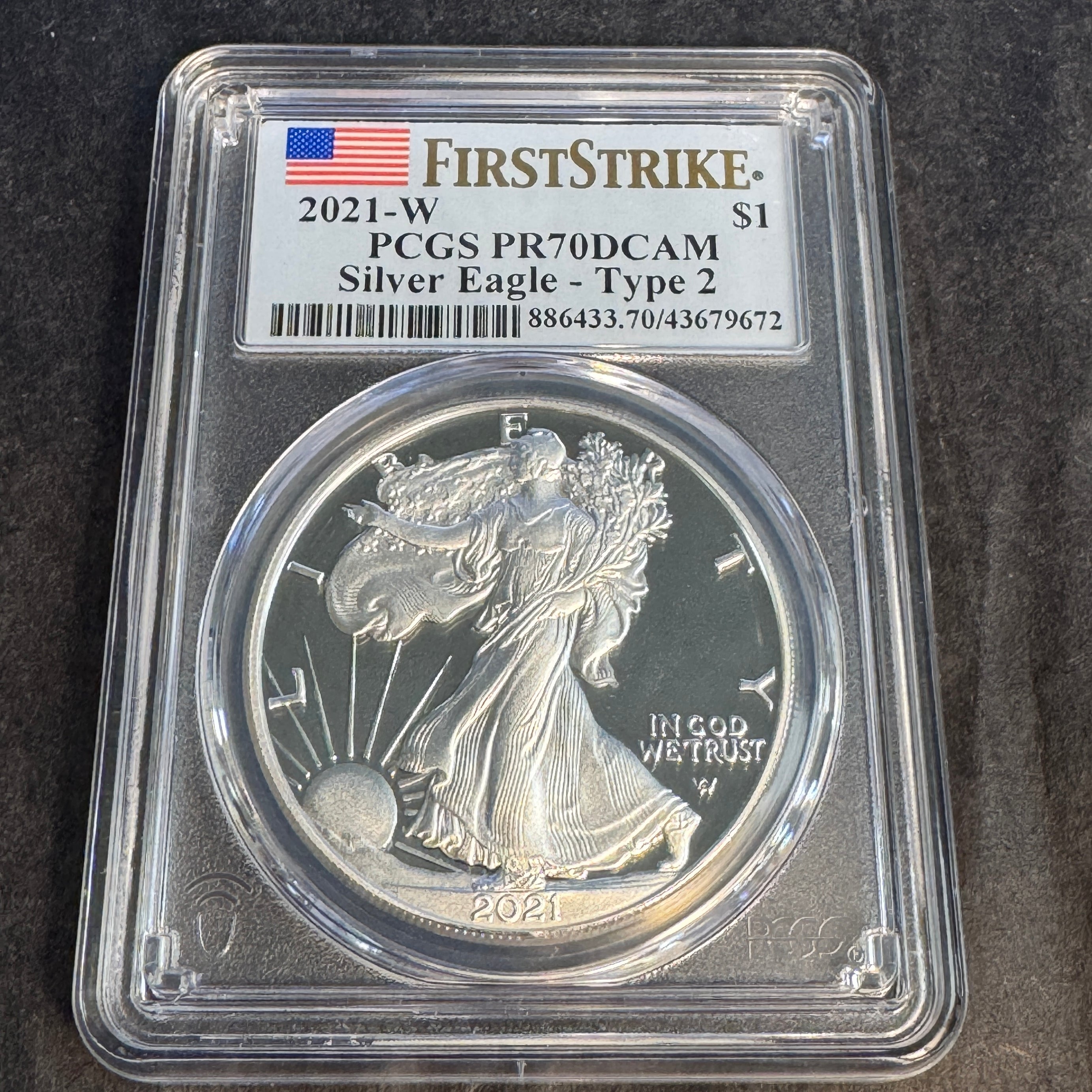 2021-W Proof Silver Eagle, First Strike PCGS PR-70 DCAM, Type 2