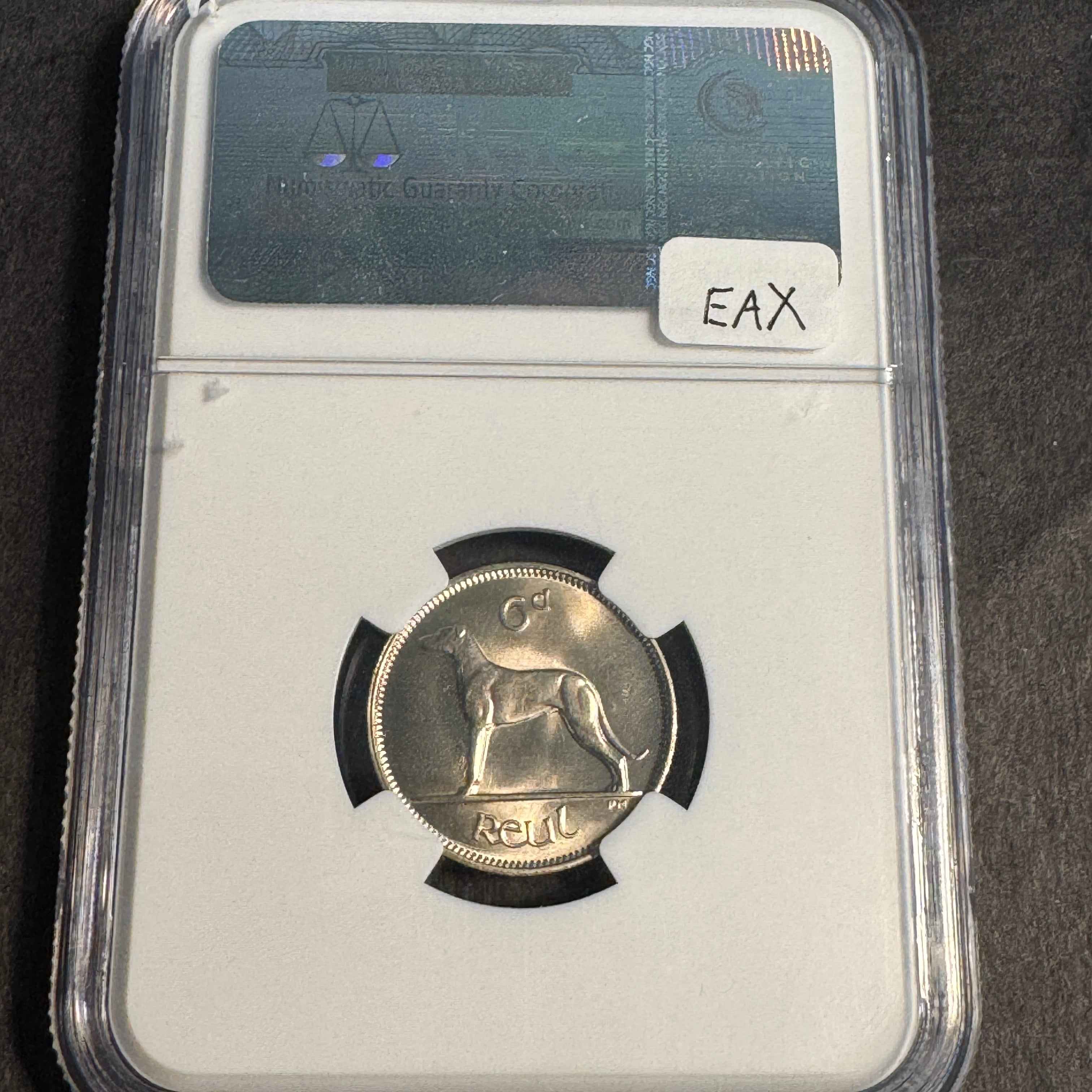 1956 Ireland 6 Pence, Irish Hound Dog, NGC MS-65 🇮🇪