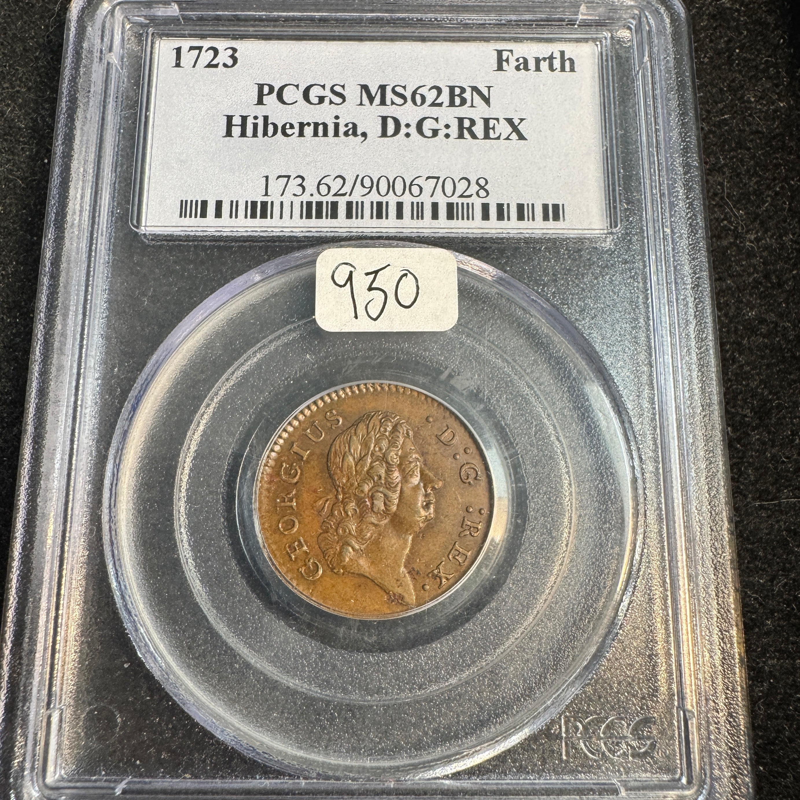 1723 Wood’s Hibernia Farthing, George I Ireland & N. America Colonial Copper, PCGS MS-62 BN
