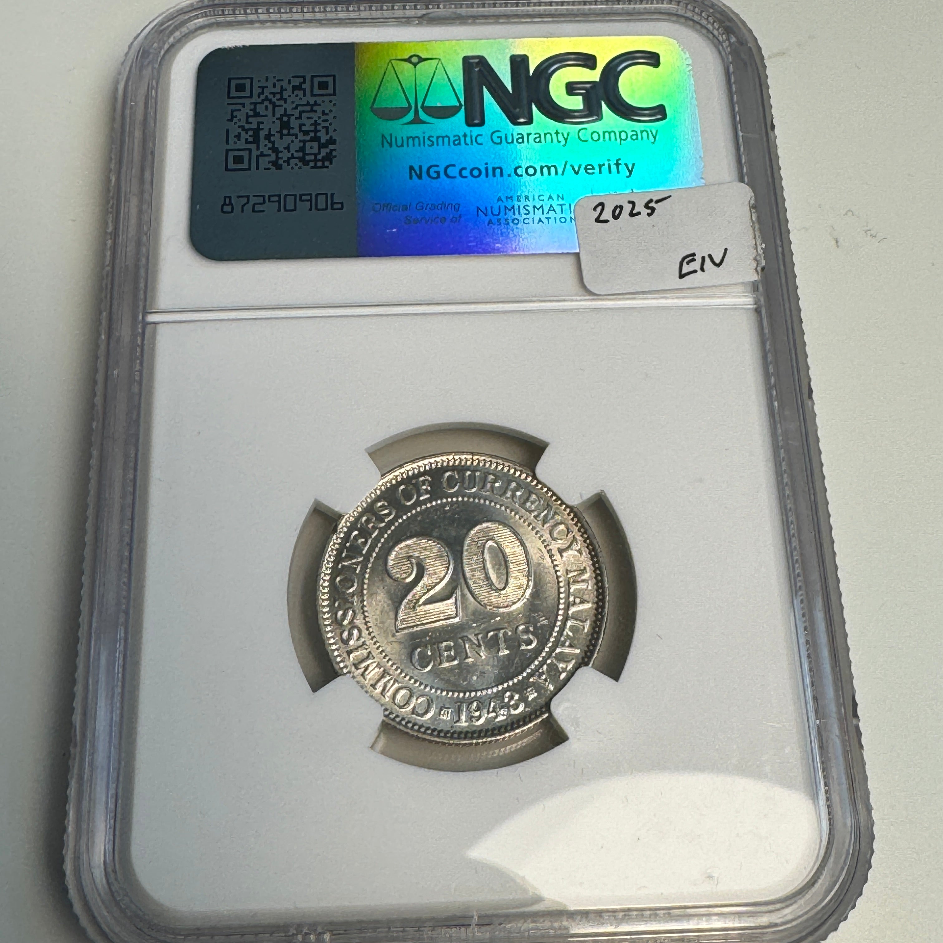 1943 Malaya (British) AR 20 Cents, NGC MS-62