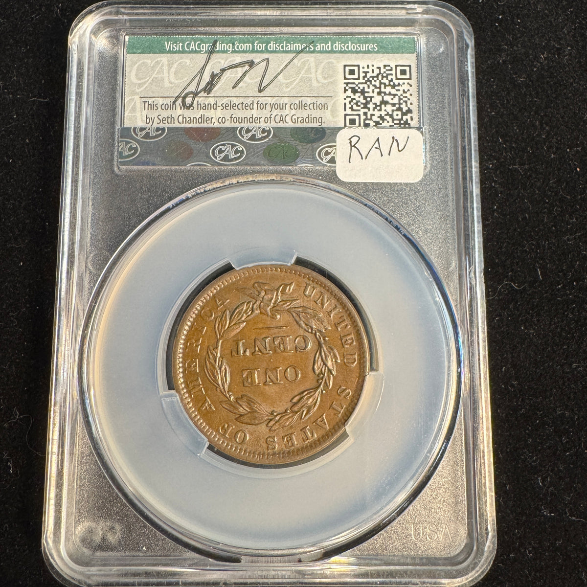 1837 (Head of 1838) Braided Hair Large Cent US 1c, CAC AU-58 - WitterBrick