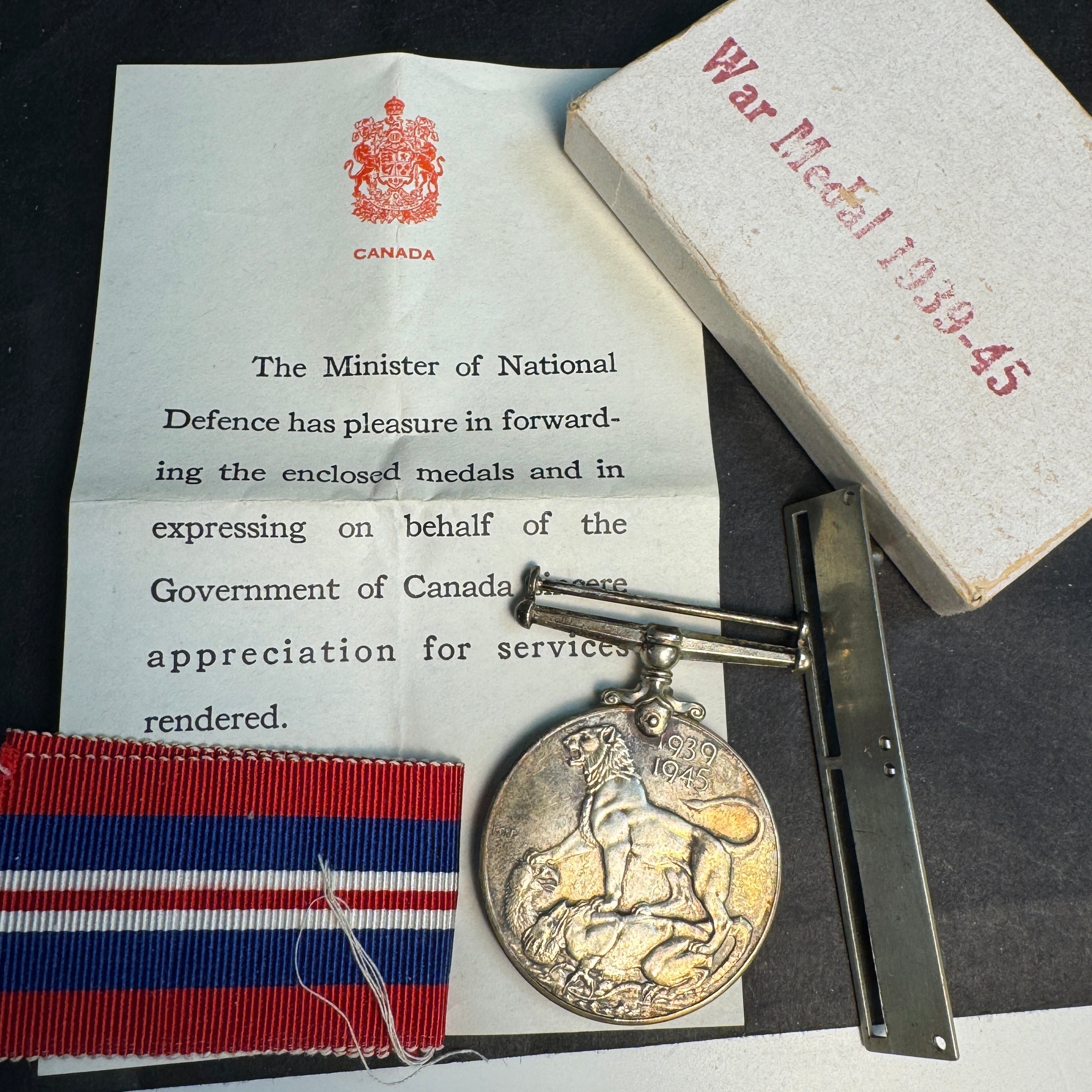 Canada WWII 1939-1945 War Service Silver Medal, Unmounted with Original Box, Ribbon, & Paper 🇨🇦