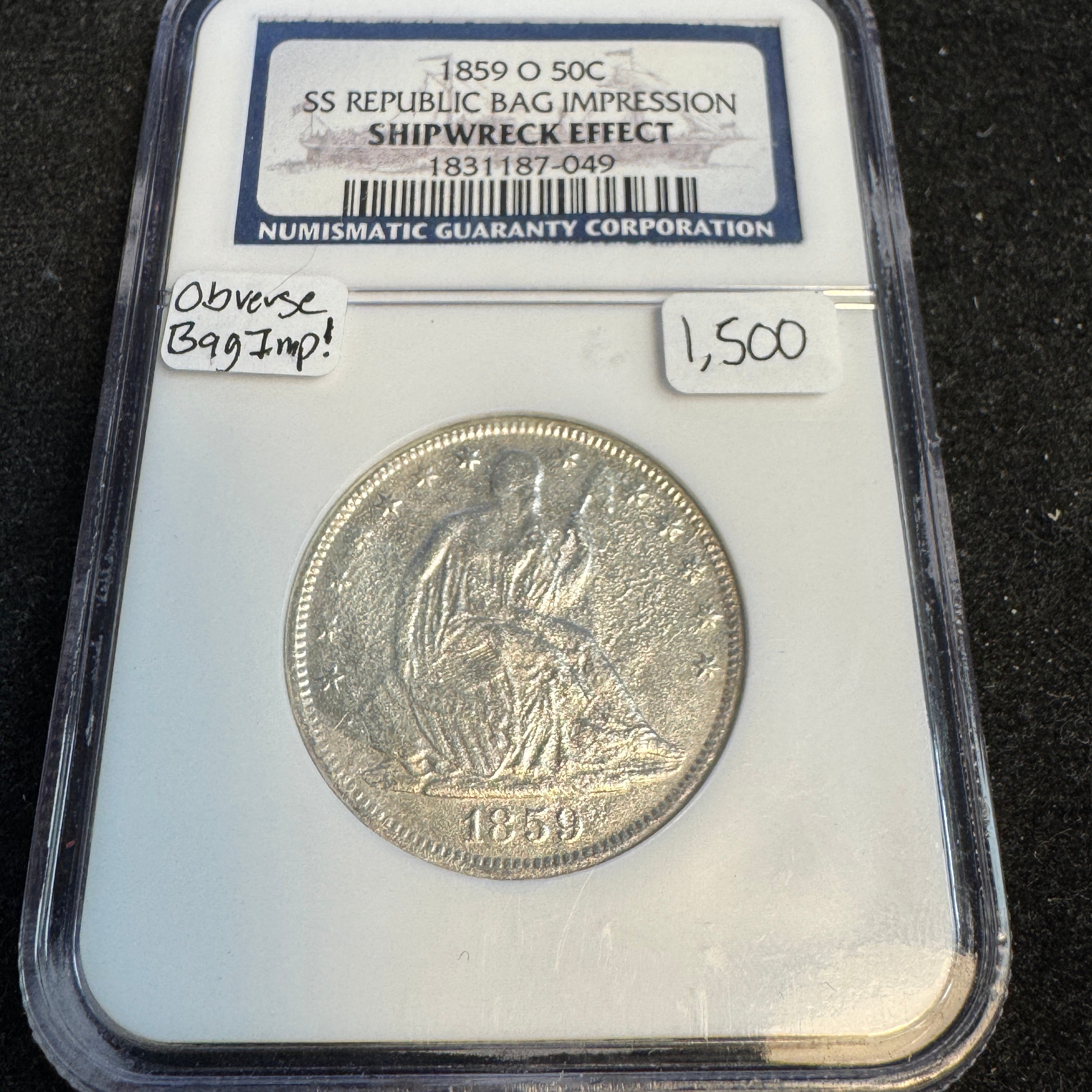1859-O Seated Half Dollar - SS REPUBLIC Shipwreck recovery with Bag Impression, NGC Certified