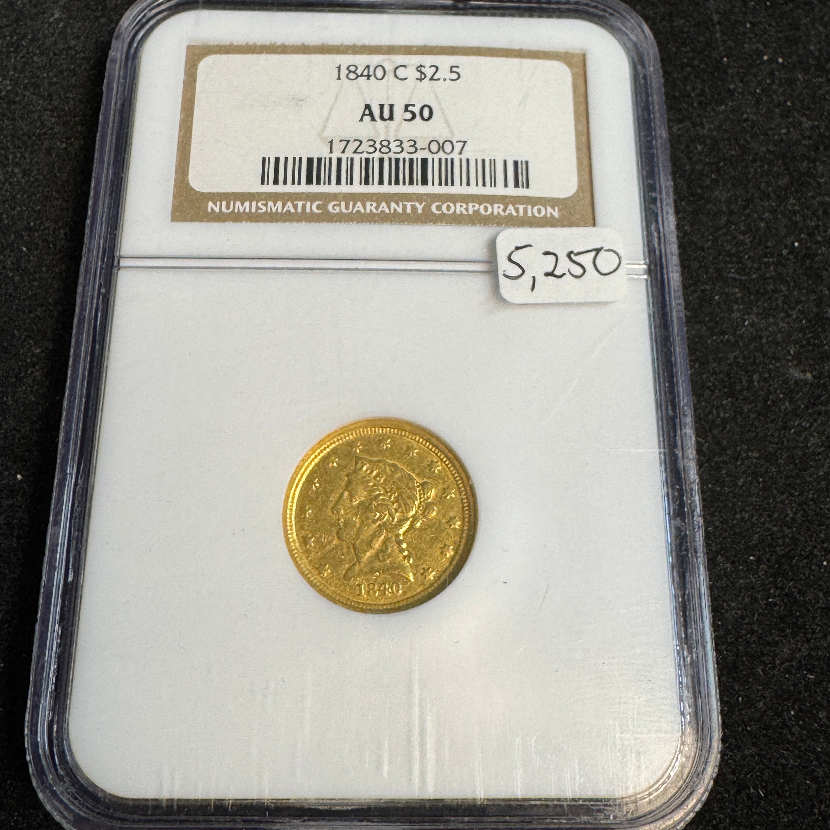 1840-C Liberty Head $2.5 Gold, Charlotte, NGC AU-50