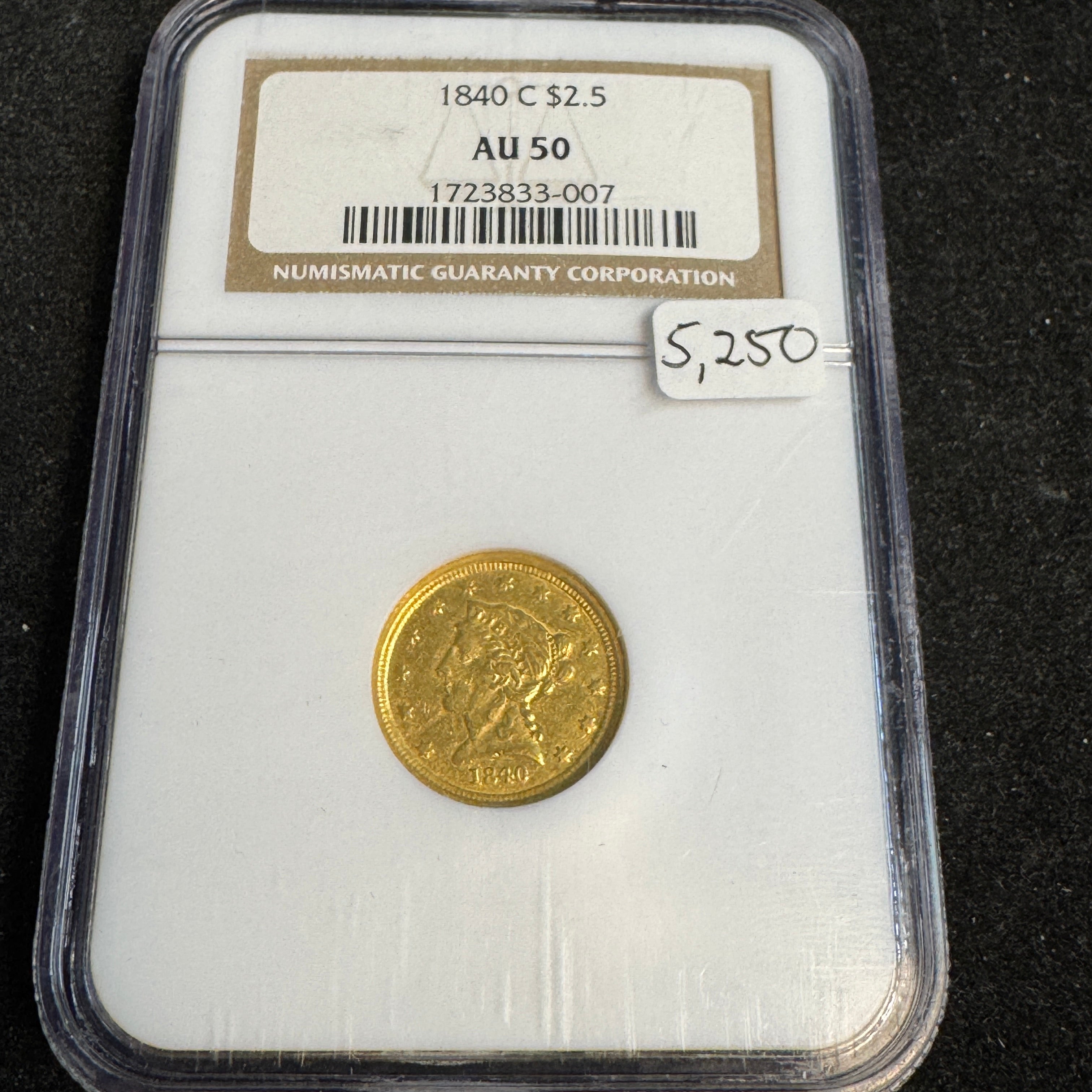 1840-C Liberty Head $2.5 Gold, Charlotte, NGC AU-50