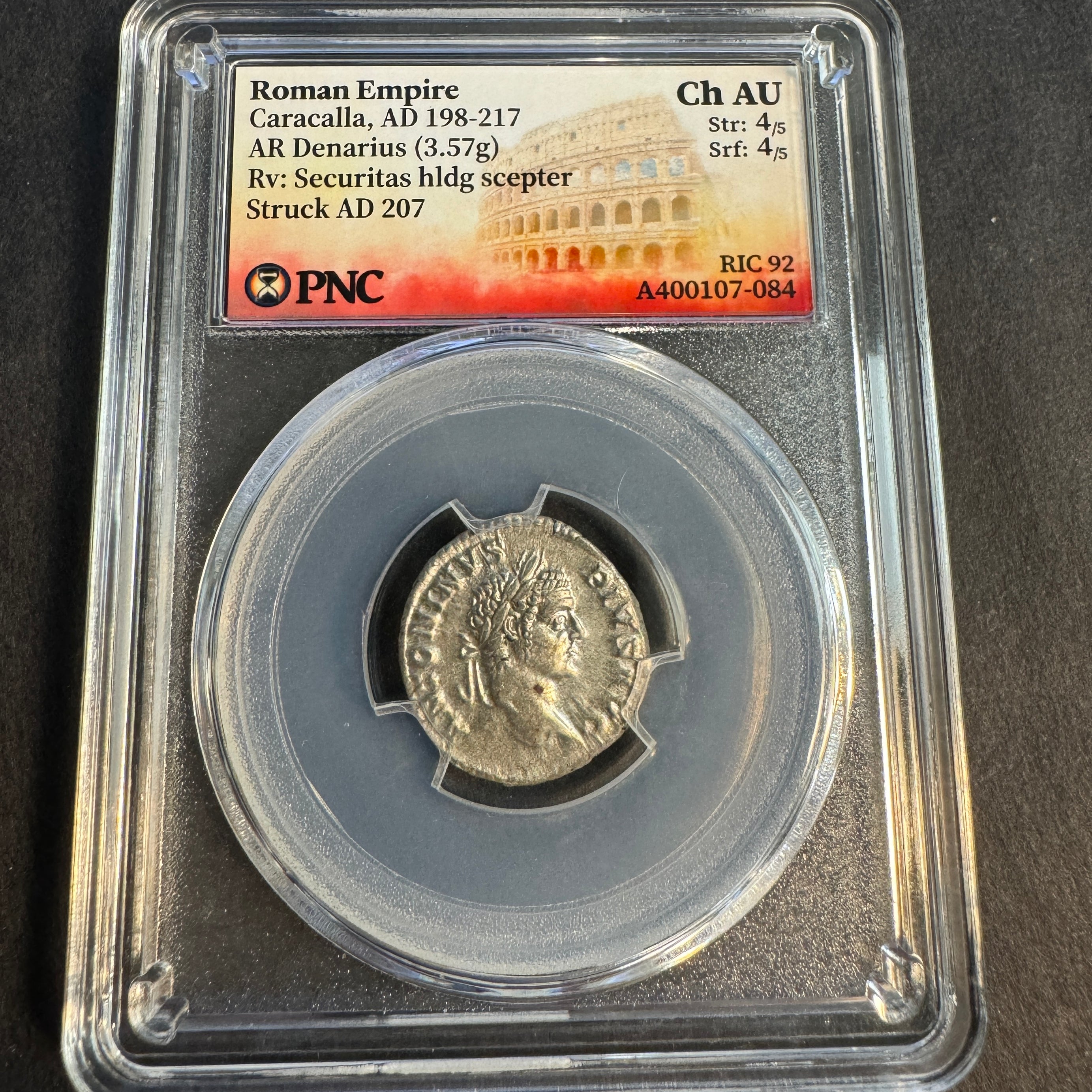 CARACALLA, 198-217 AD, Roman Empire AR Denarius, Rv: Securitas, RIC-92, PNC Ch AU