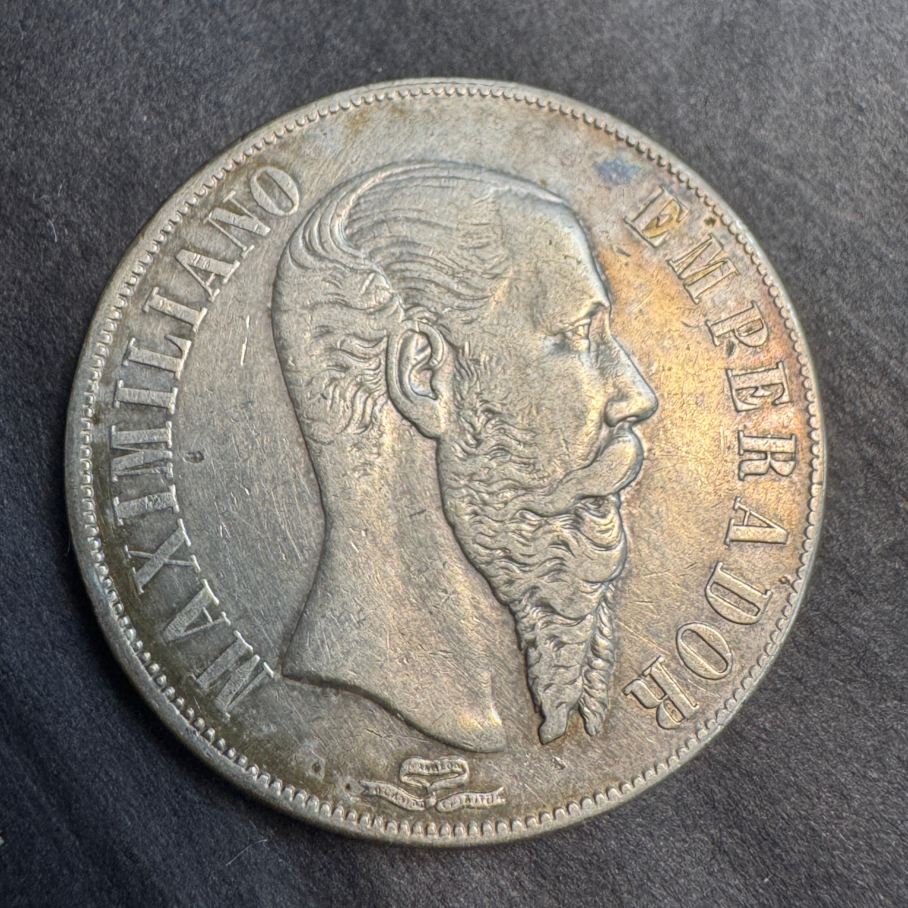 1866-Mo Empire of Maximillian Silver Peso, lightly toned XF/AU