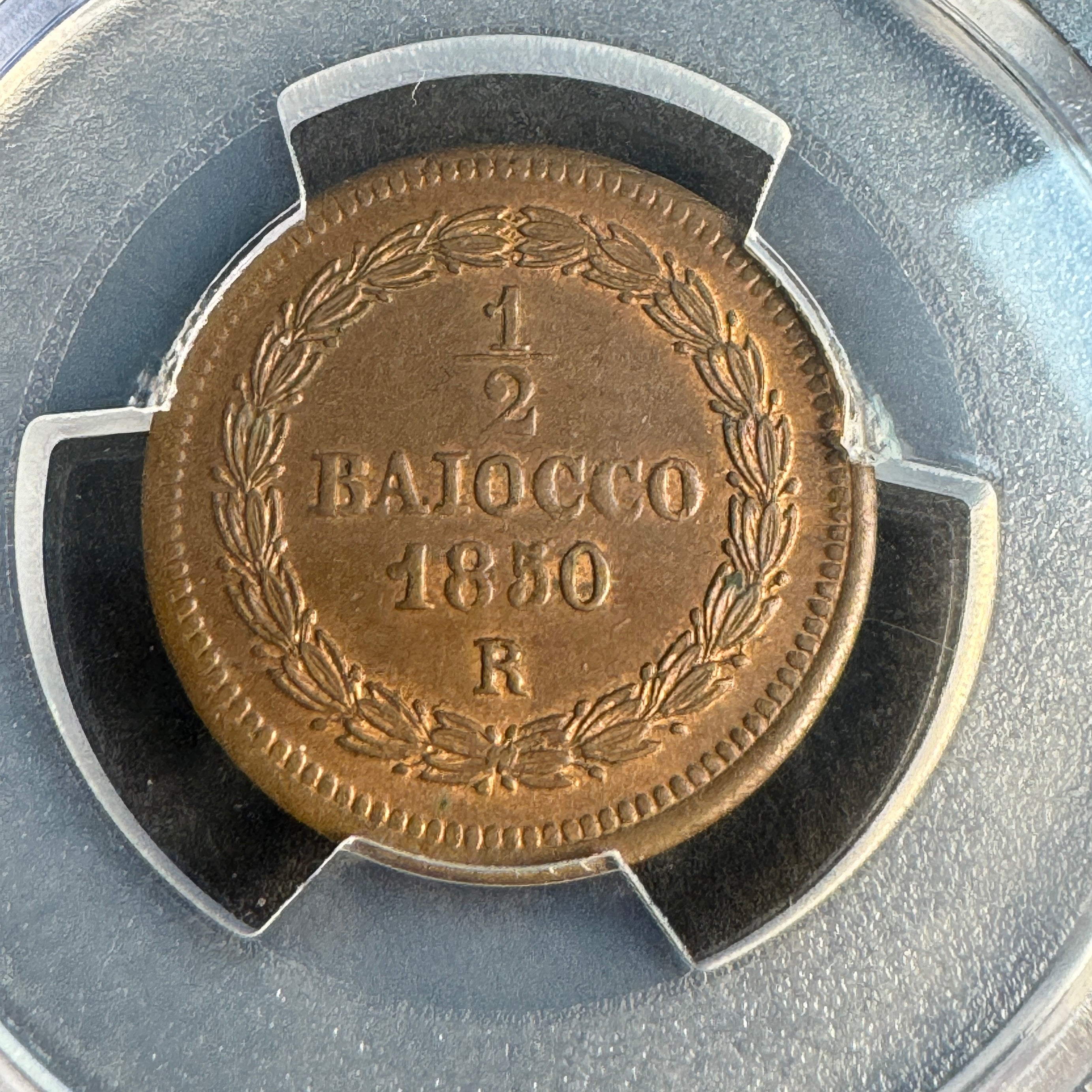 1850-R Papal States 1/2 Baiocco AE, Pius IX Anno V, PCGS MS-65+ RB Red-Brown🇻🇦Top Pop 1/0 🏆