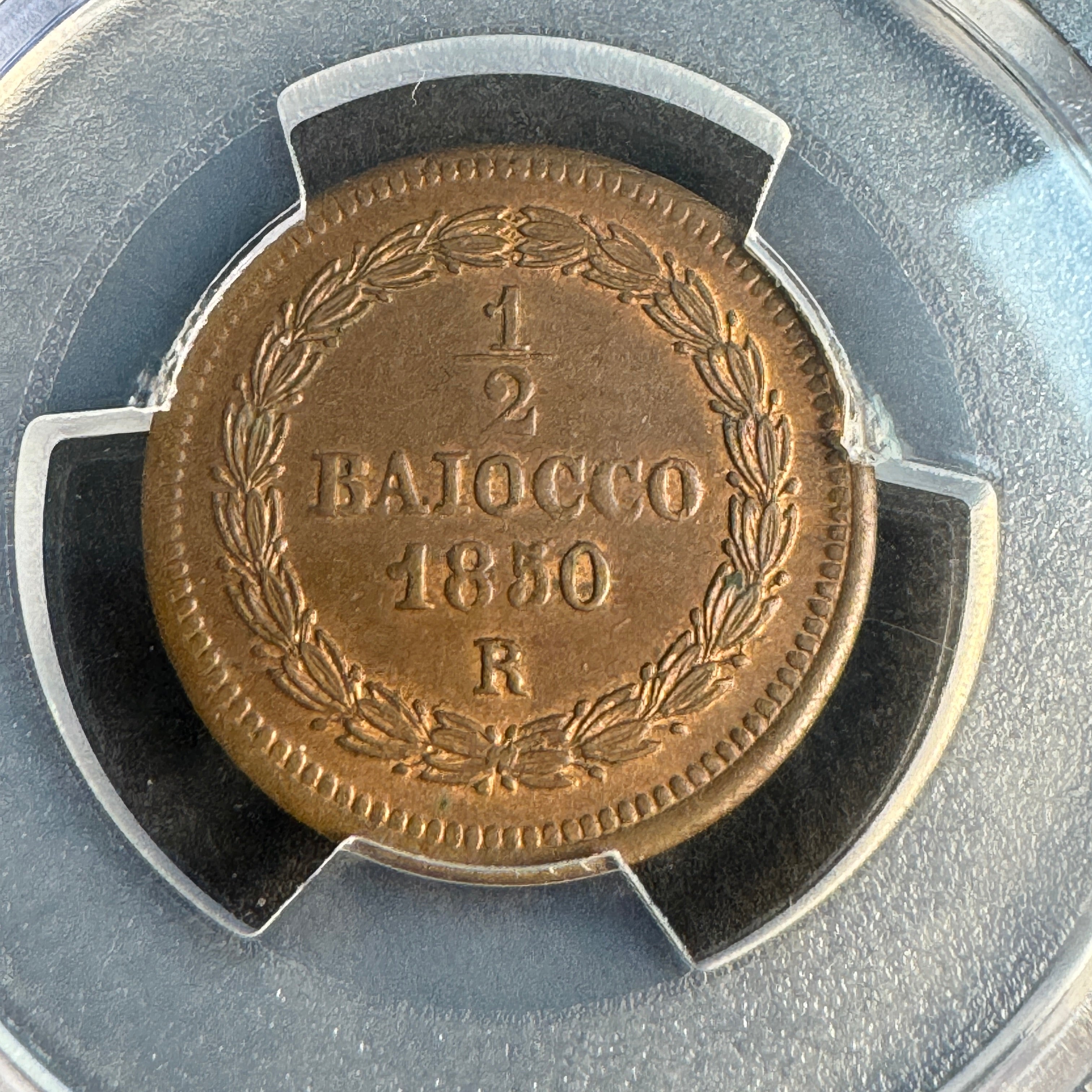 1850-R Papal States 1/2 Baiocco AE, Pius IX Anno V, PCGS MS-65+ RB Red-Brown🇻🇦Top Pop 1/0 🏆