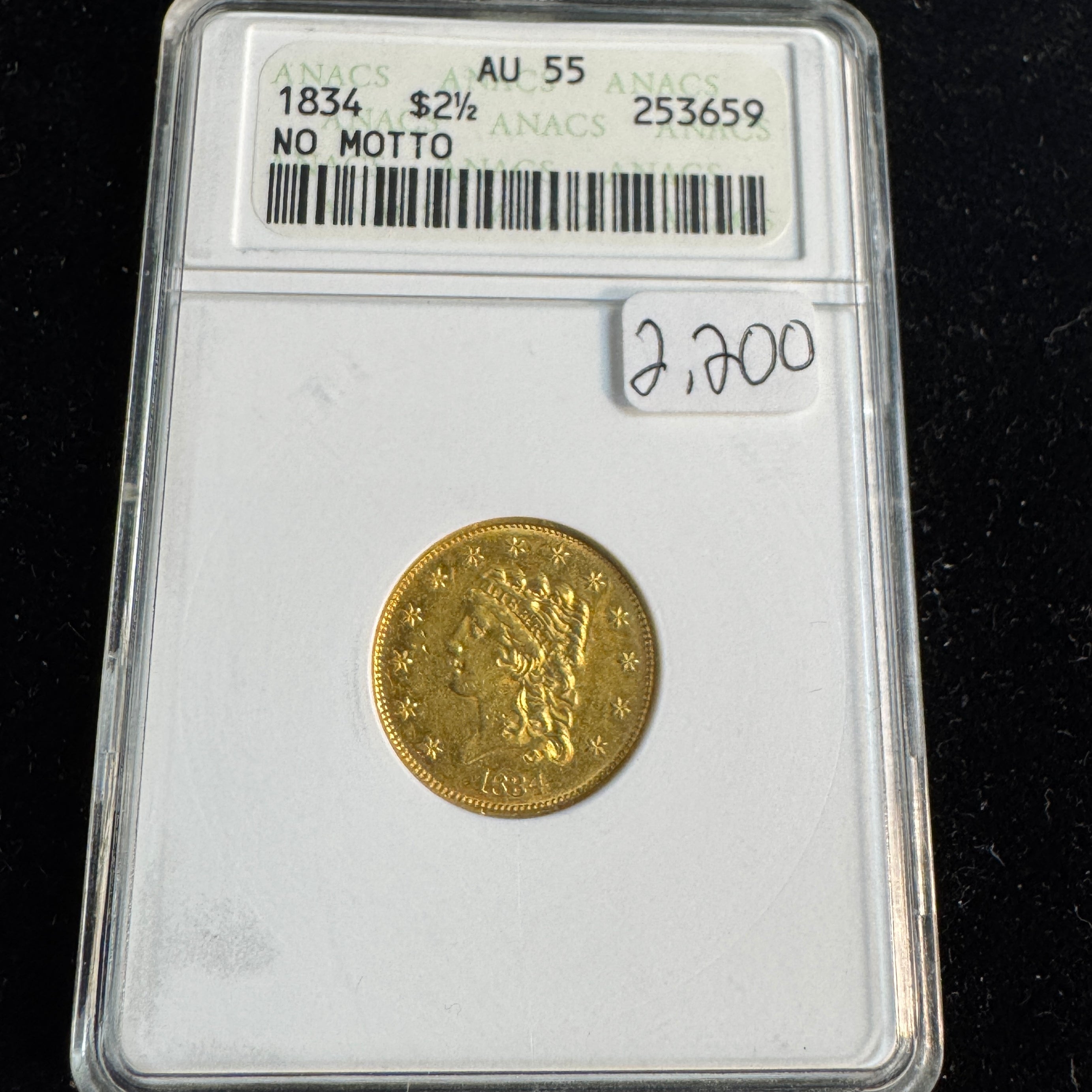 1834 Classic Head $2.5 US Gold, No Motto, Soapbox ANACS AU-55
