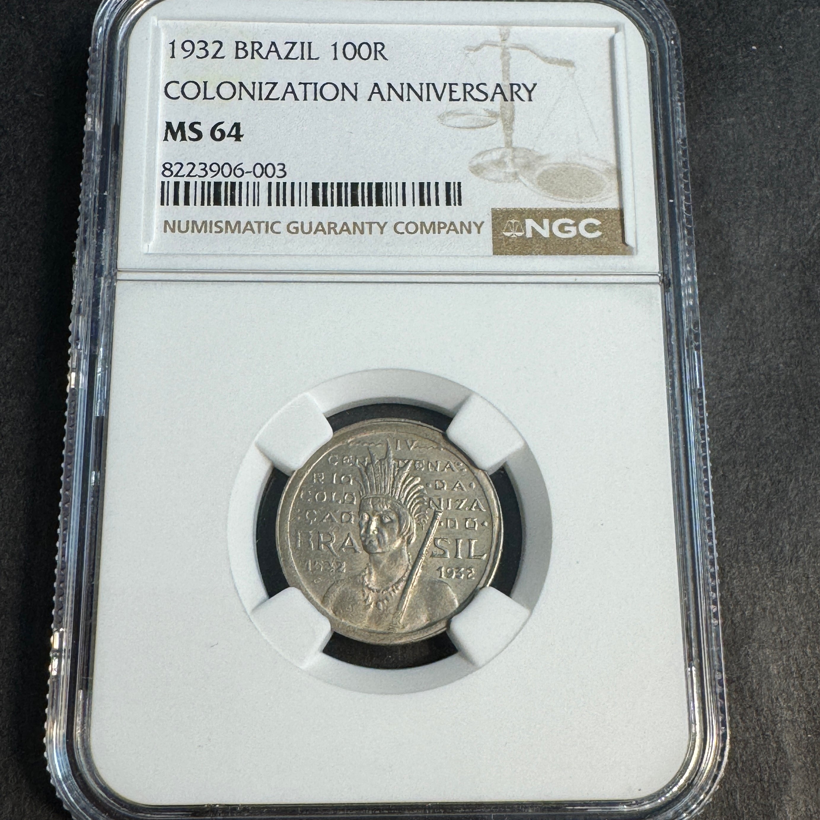 1932 Brazil 100 Reis, Colonization Anniversary, NGC MS-64 🇧🇷