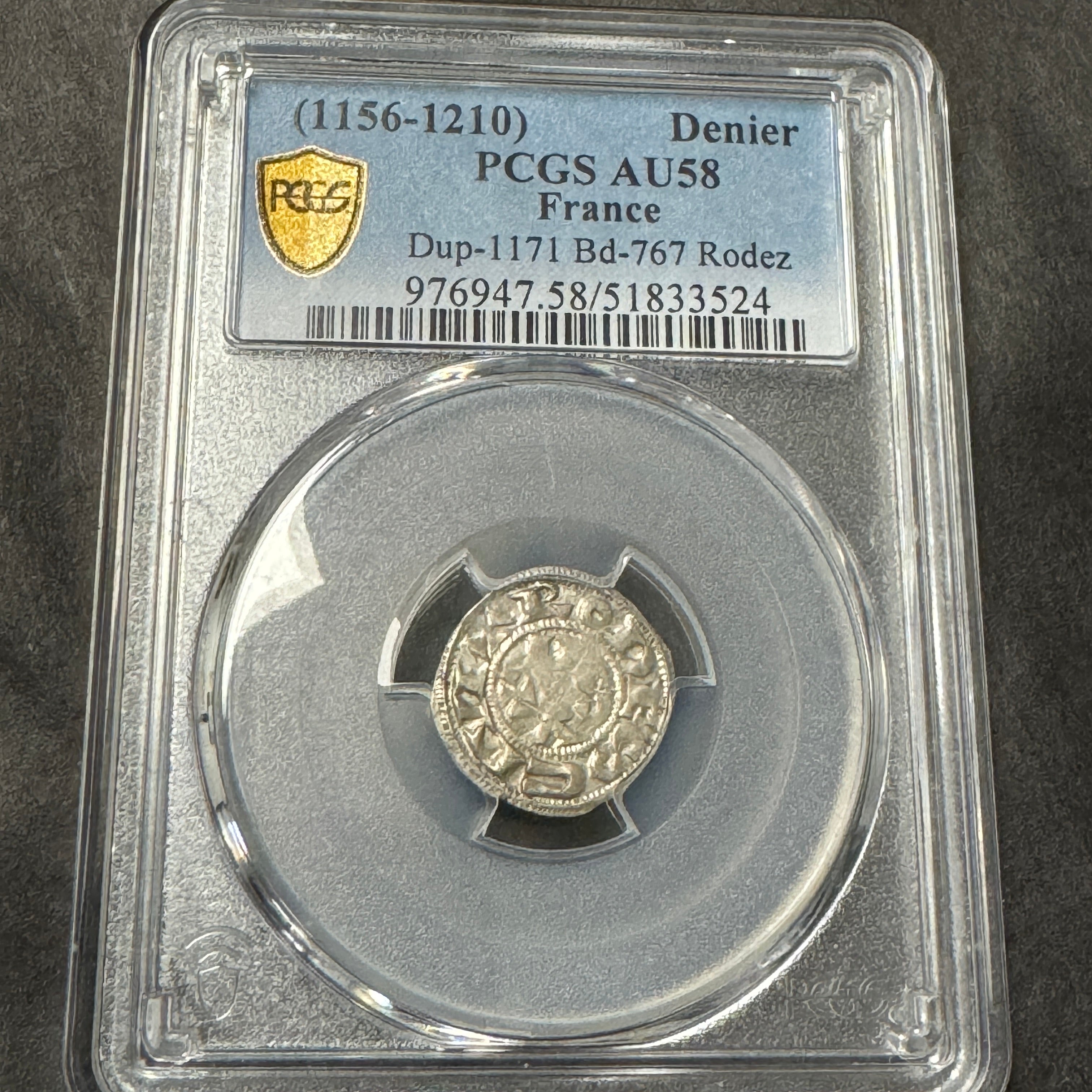 (1156-1210) France Hammered Silver Denier, Counts of Rodez, PCGS AU-58