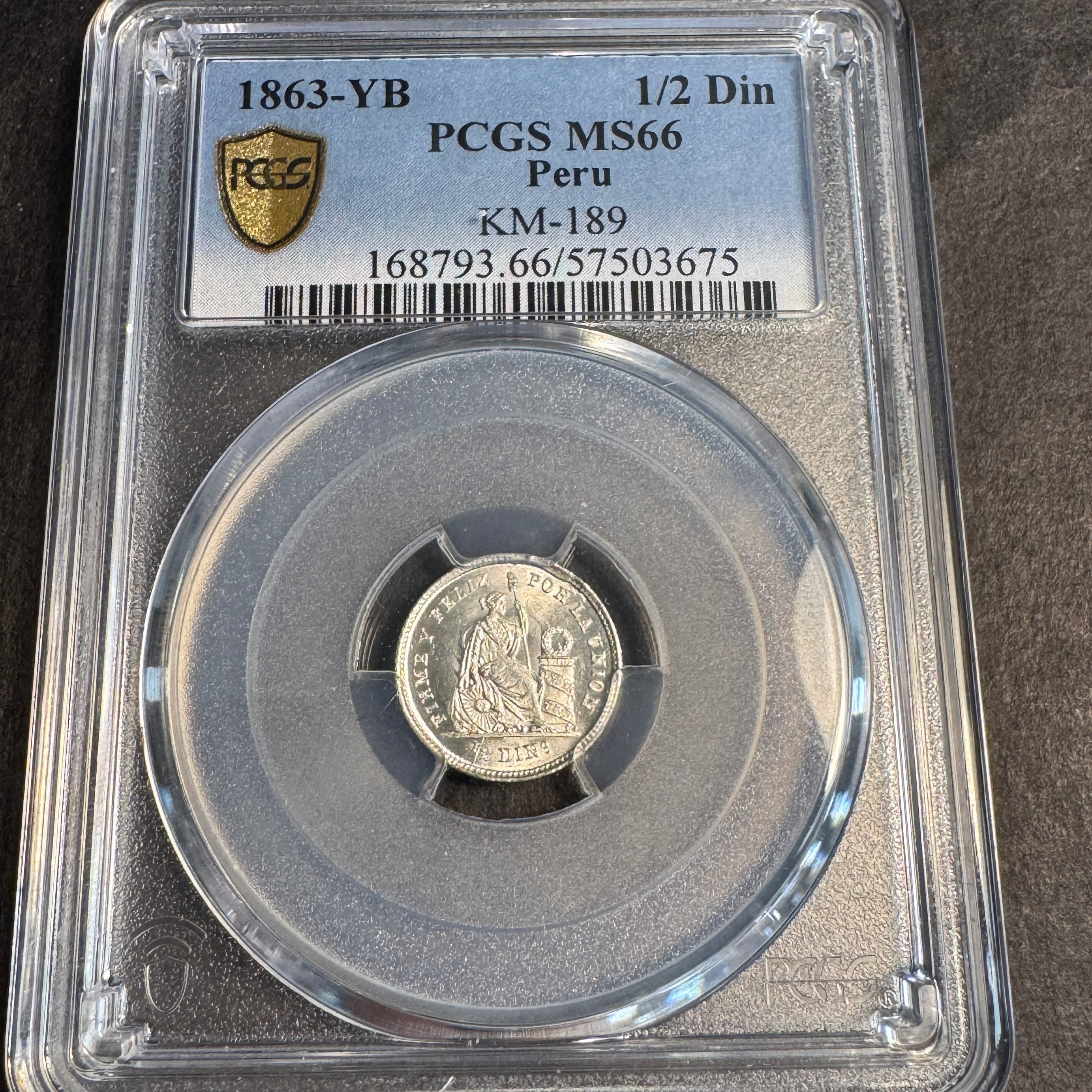 1863-YB Peru AR 1/2 Dinero, Seated Liberty, PCGS MS-66 🇵🇪