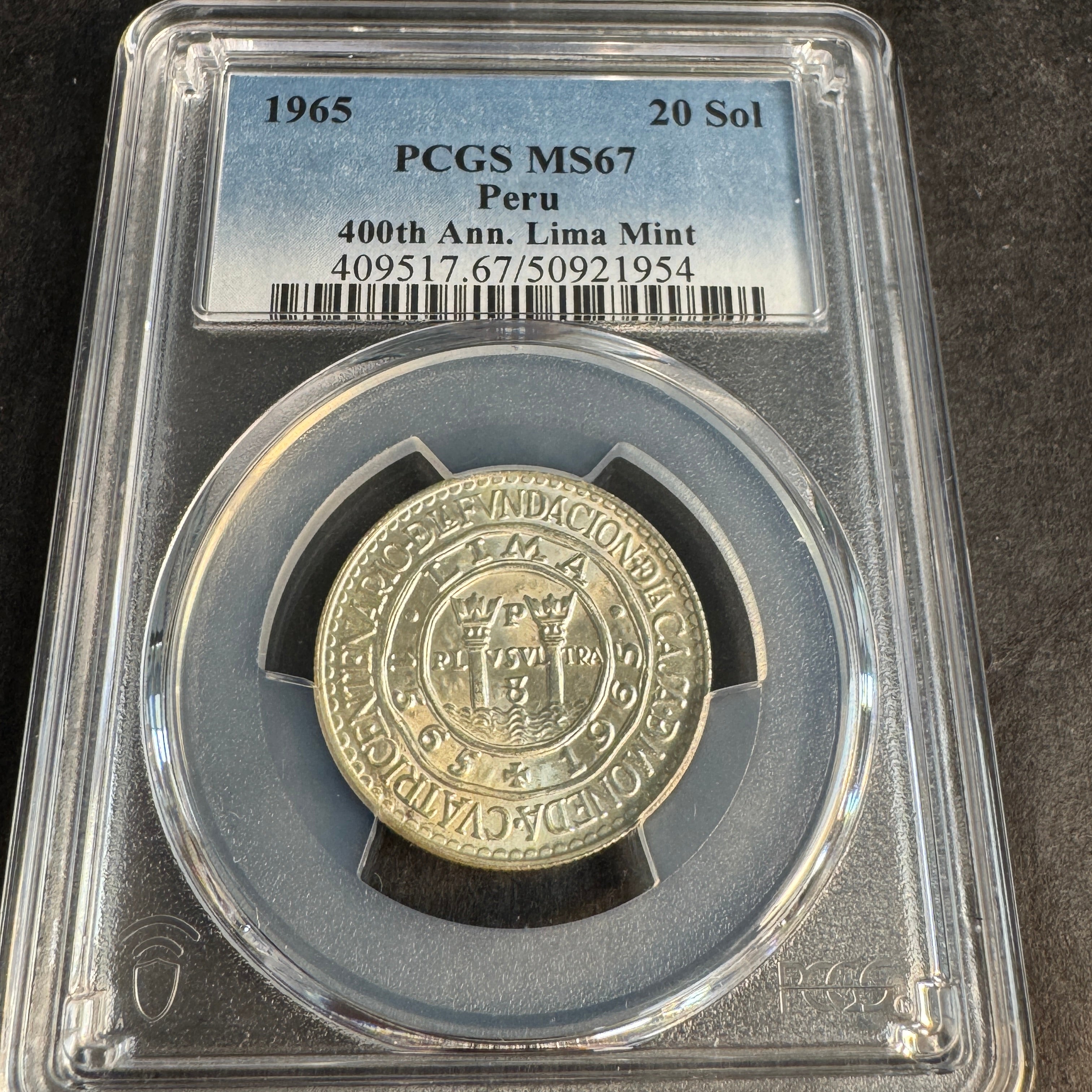 1965 Peru 20 Soles Silver, 400th Anniversary Lima Mint, PCGS MS-67 🇵🇪 Pop 17/4