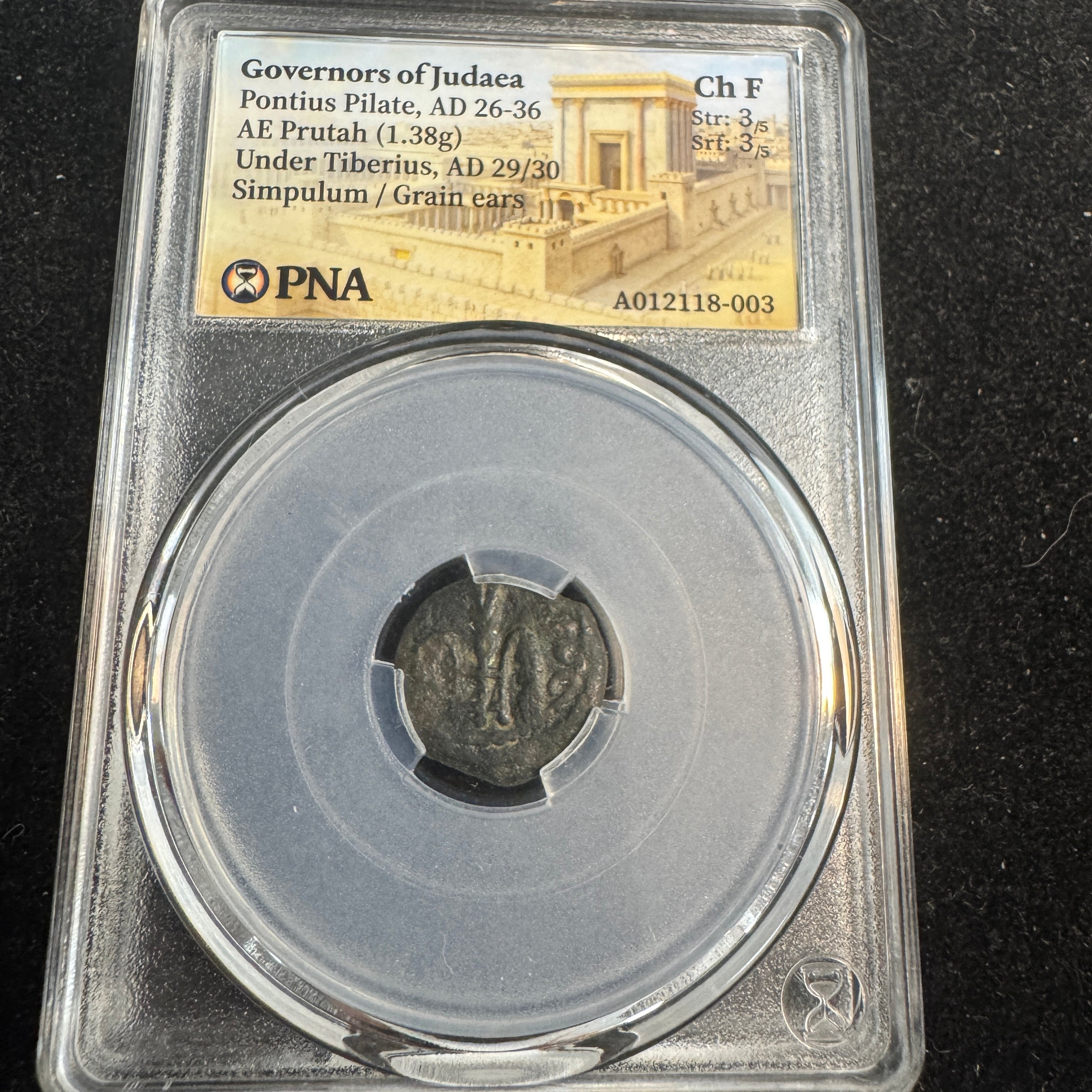 Judea: Pontius Pilate (26-36 AD) AE Prutah, issued under Tiberius (29-30 AD), PNA Choice Fine