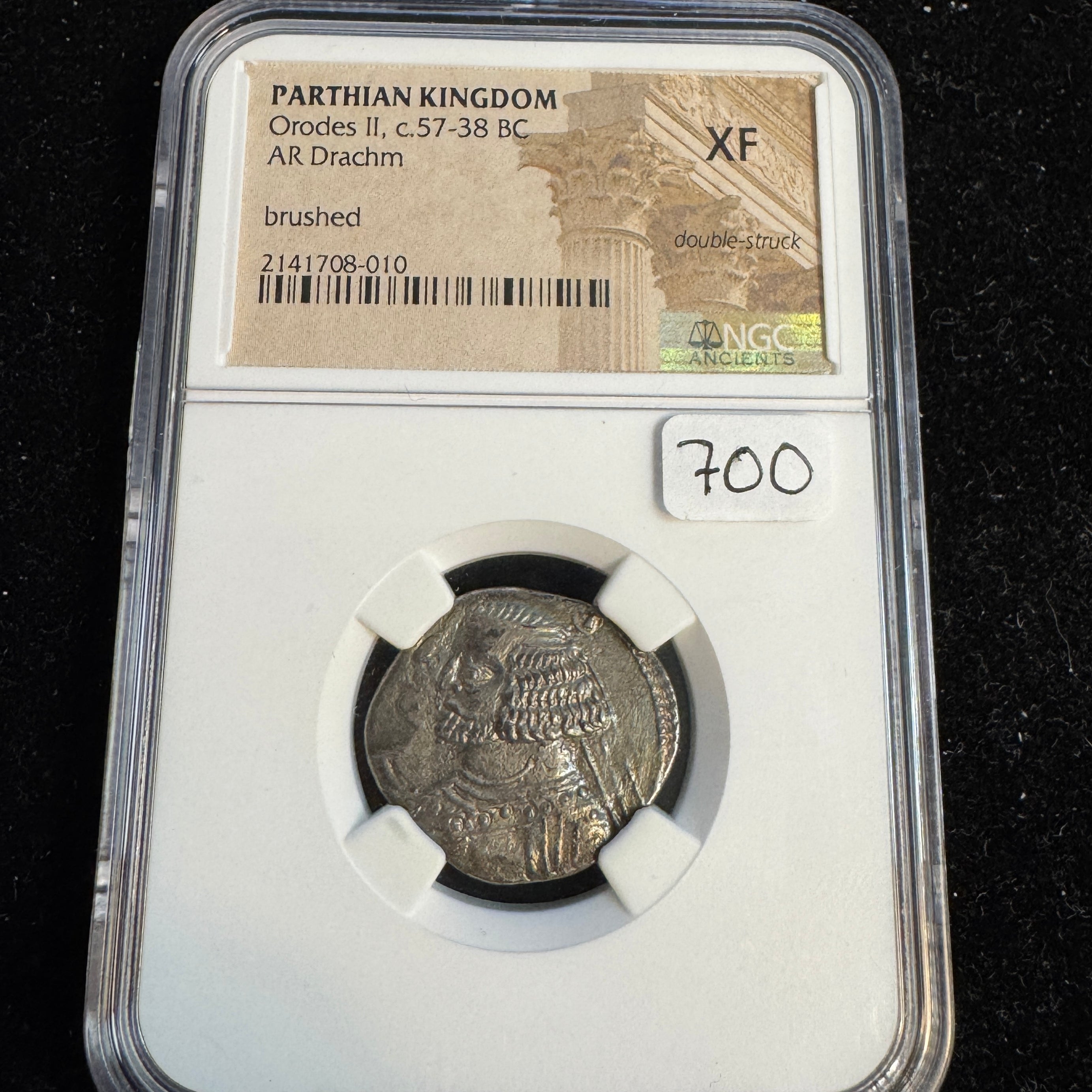 Parthian Empire Orodes II (c57-38 BC) AR Drachm, NGC XF - Double Struck