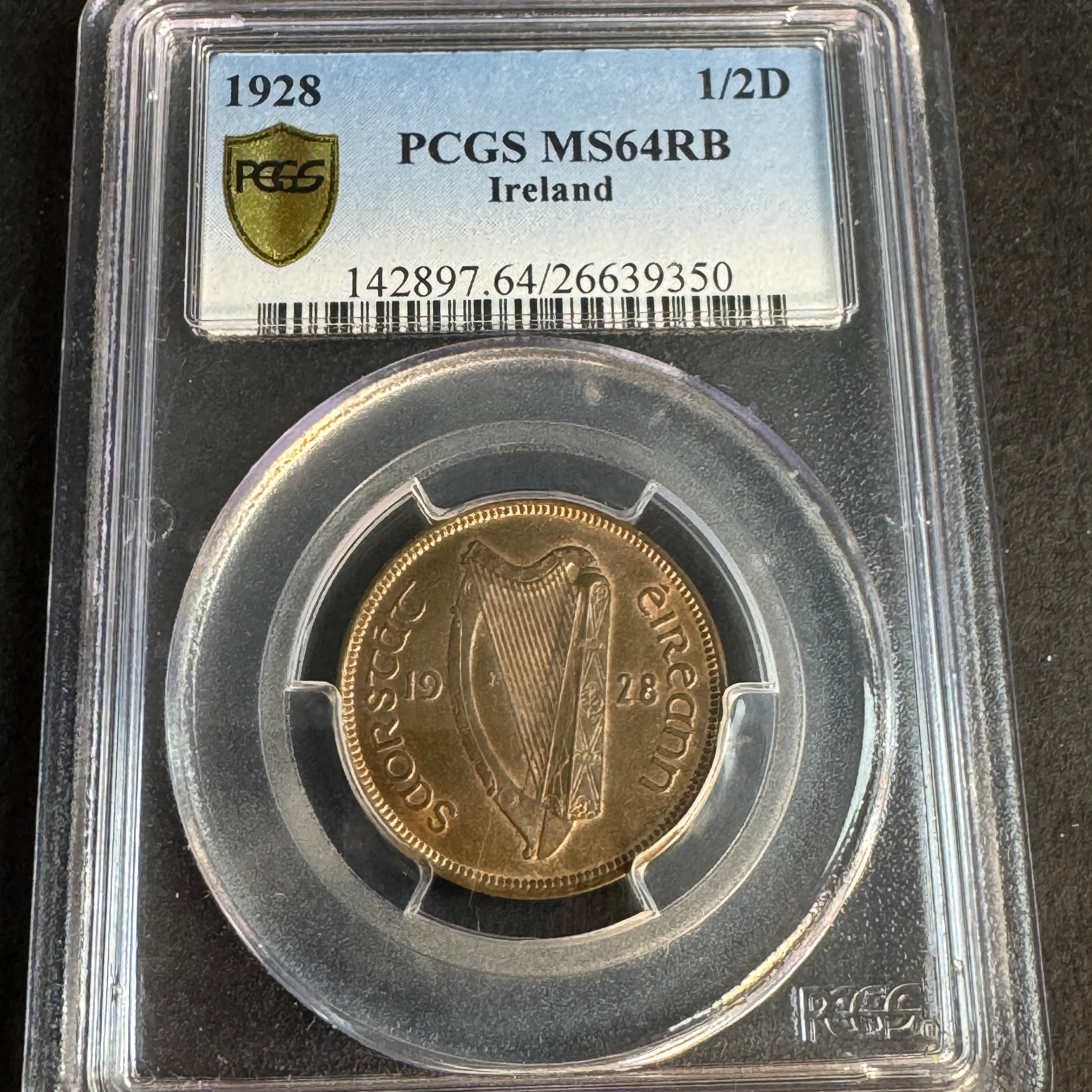 1928 Ireland Republic 1/2 Penny, Sow & Piglets, PCGS MS-64 RB 🇮🇪