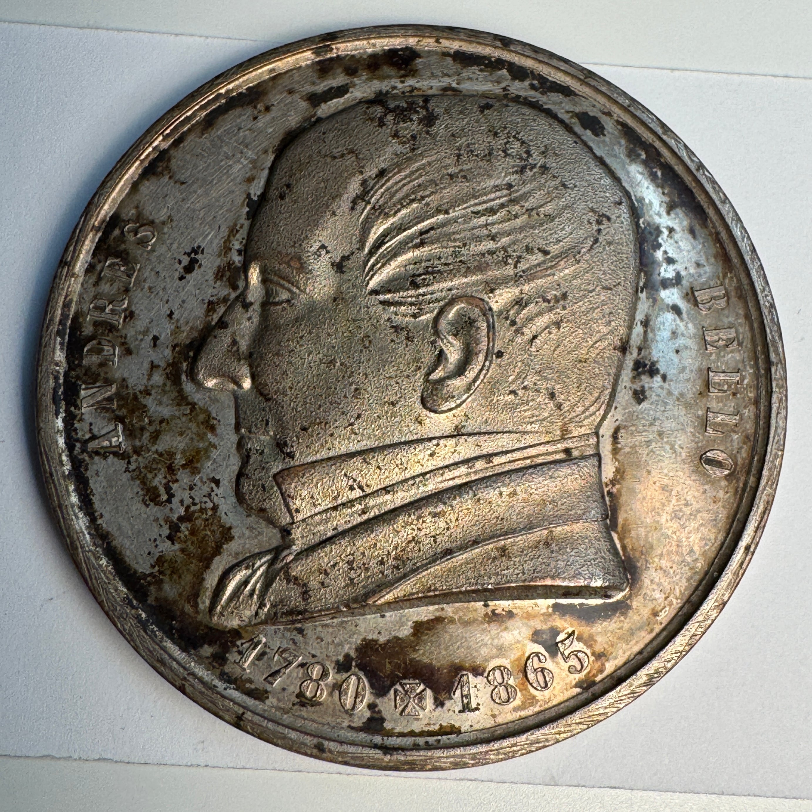 1877 Chile Medal - Andres Bello 1780-1865 / “Constancia en el Trabajo”, white metal, rare