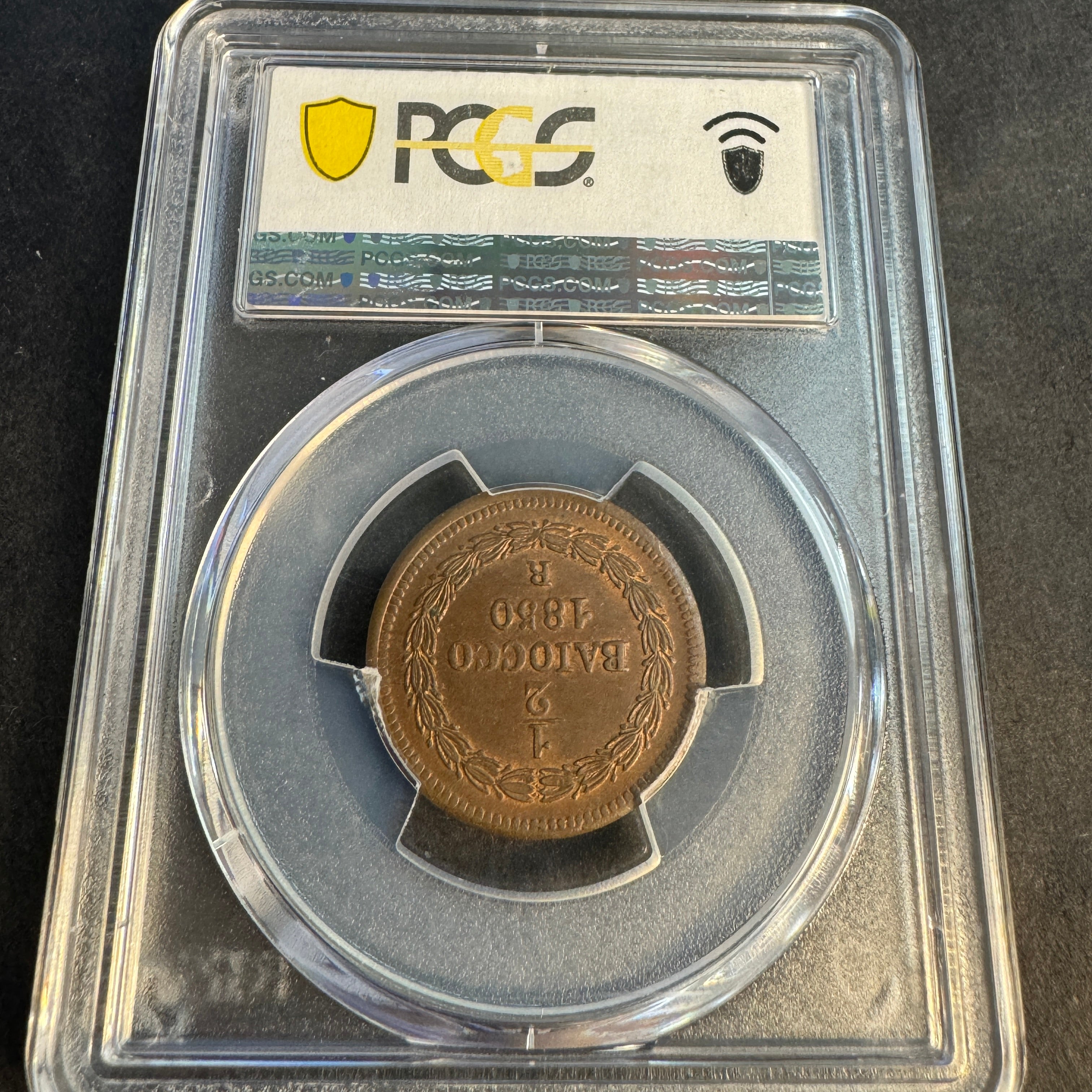 1850-R Papal States 1/2 Baiocco AE, Pius IX Anno V, PCGS MS-65+ RB Red-Brown🇻🇦Top Pop 1/0 🏆