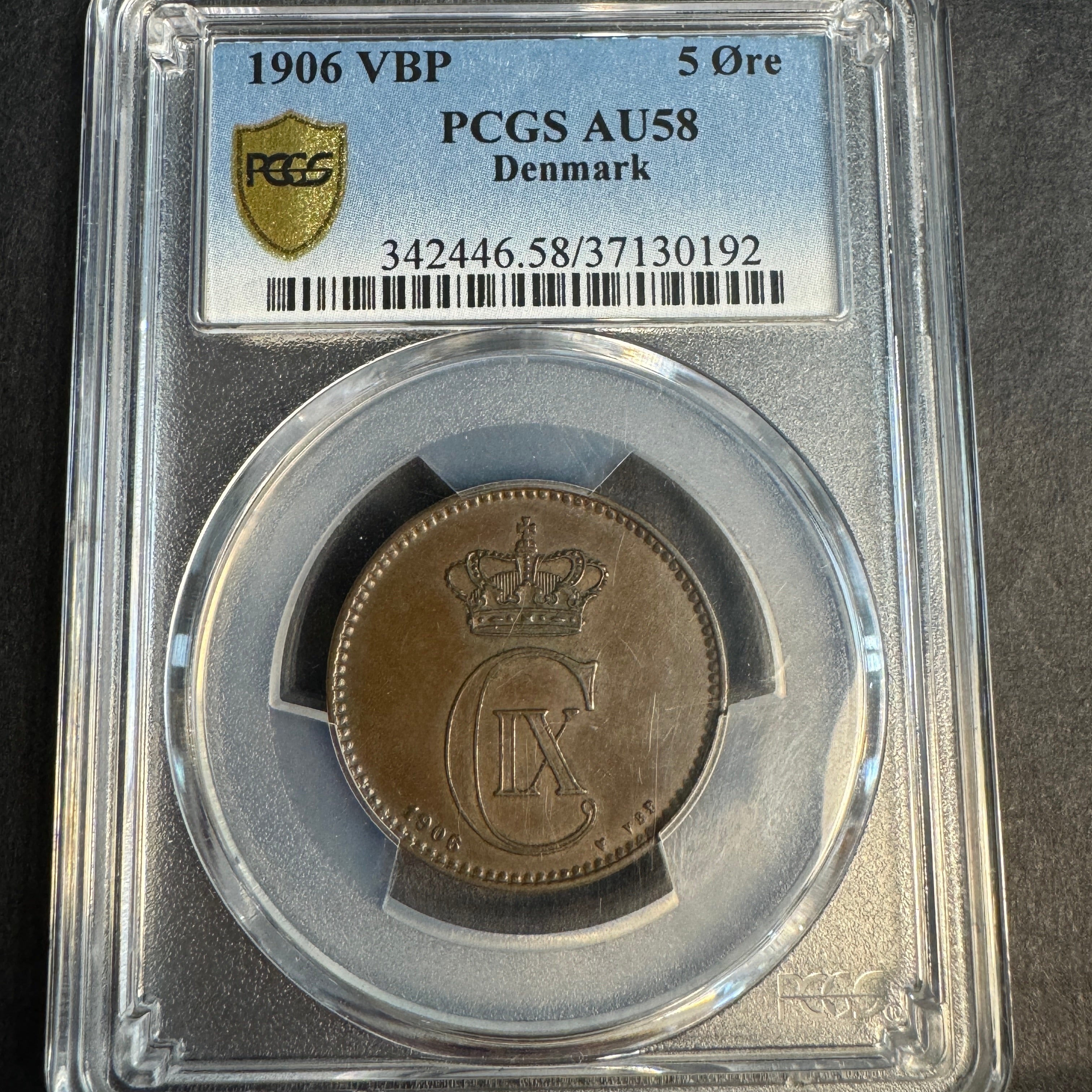 1906 VDP Denmark 5 Ore, Christian IX, PCGS AU-58 🇩🇰