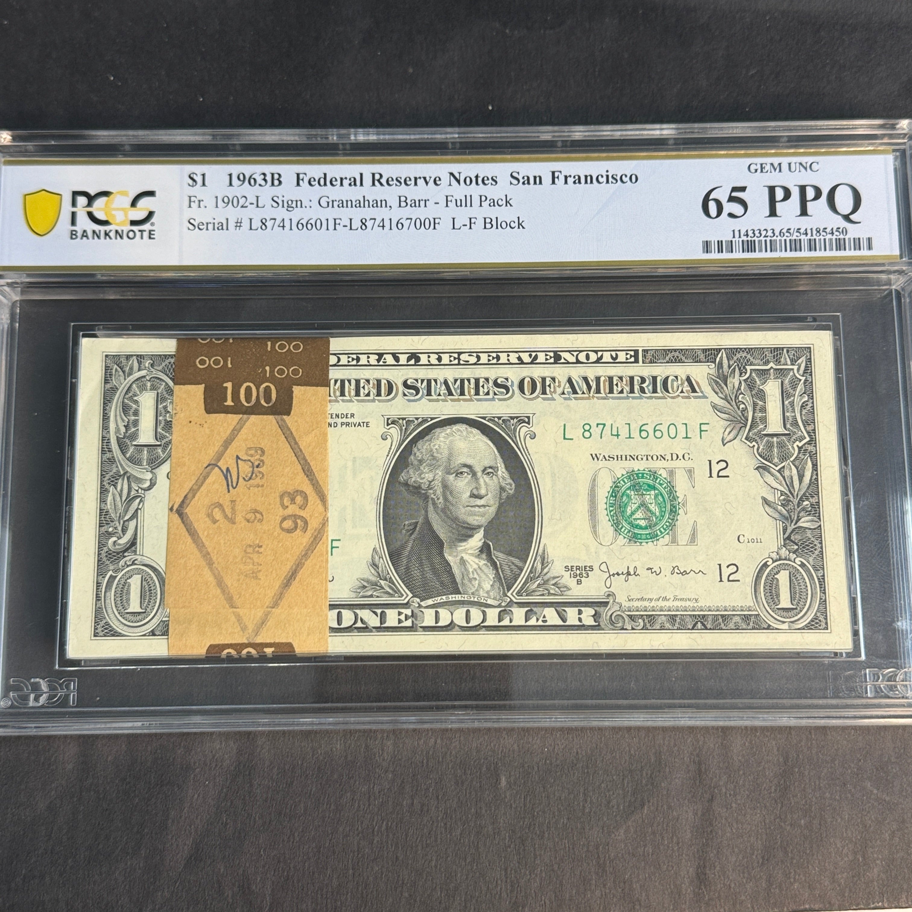 (100) Full Pack 1963 B $1 Federal Reserve Notes San Francisco, J. BARR Signature, 1969 Bank Strap, Fr. 1902-L, PCGS Gem Unc 65 PPQ