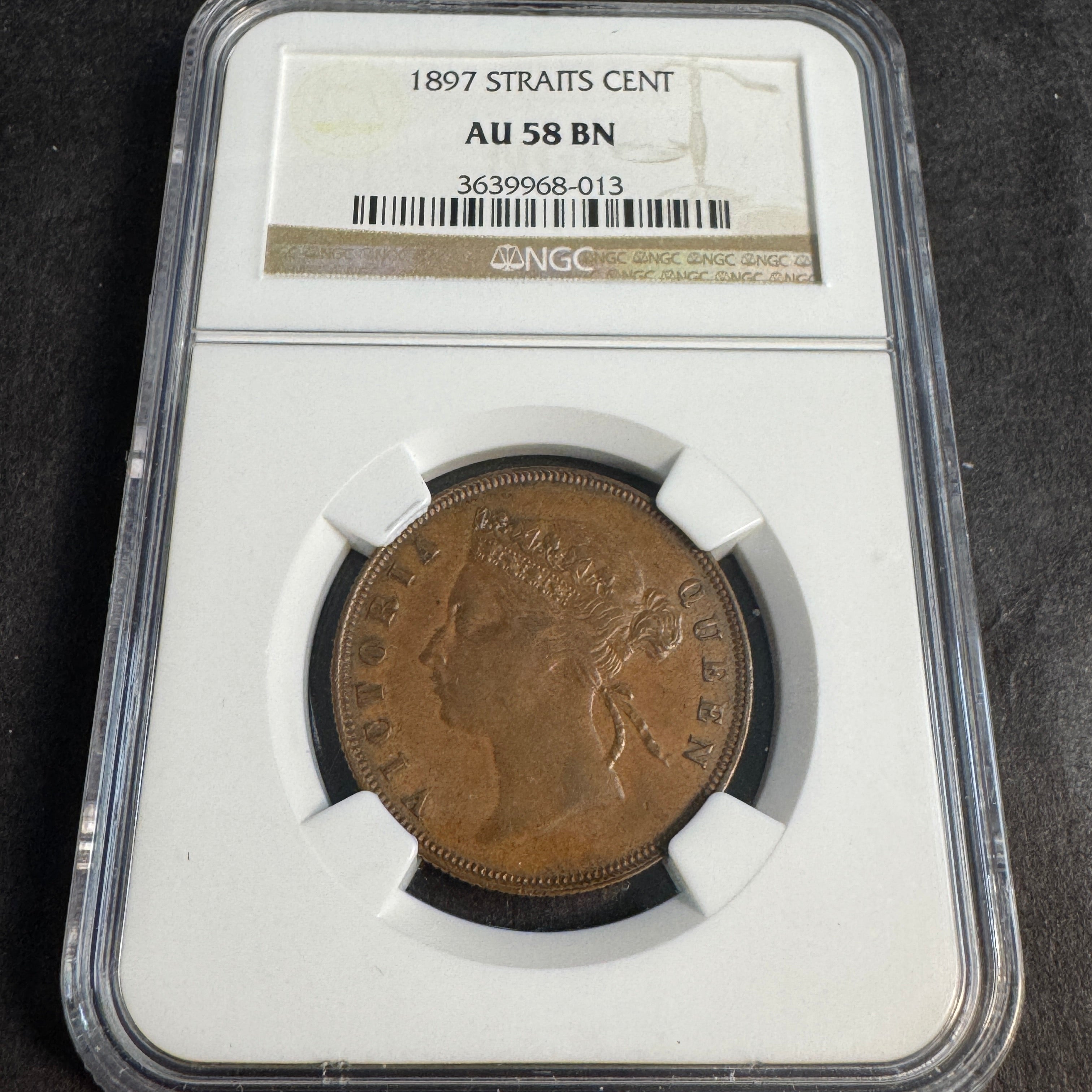 1897 Straits Settlements 1 Cent, Victoria, KM#16, NGC AU-58 BN