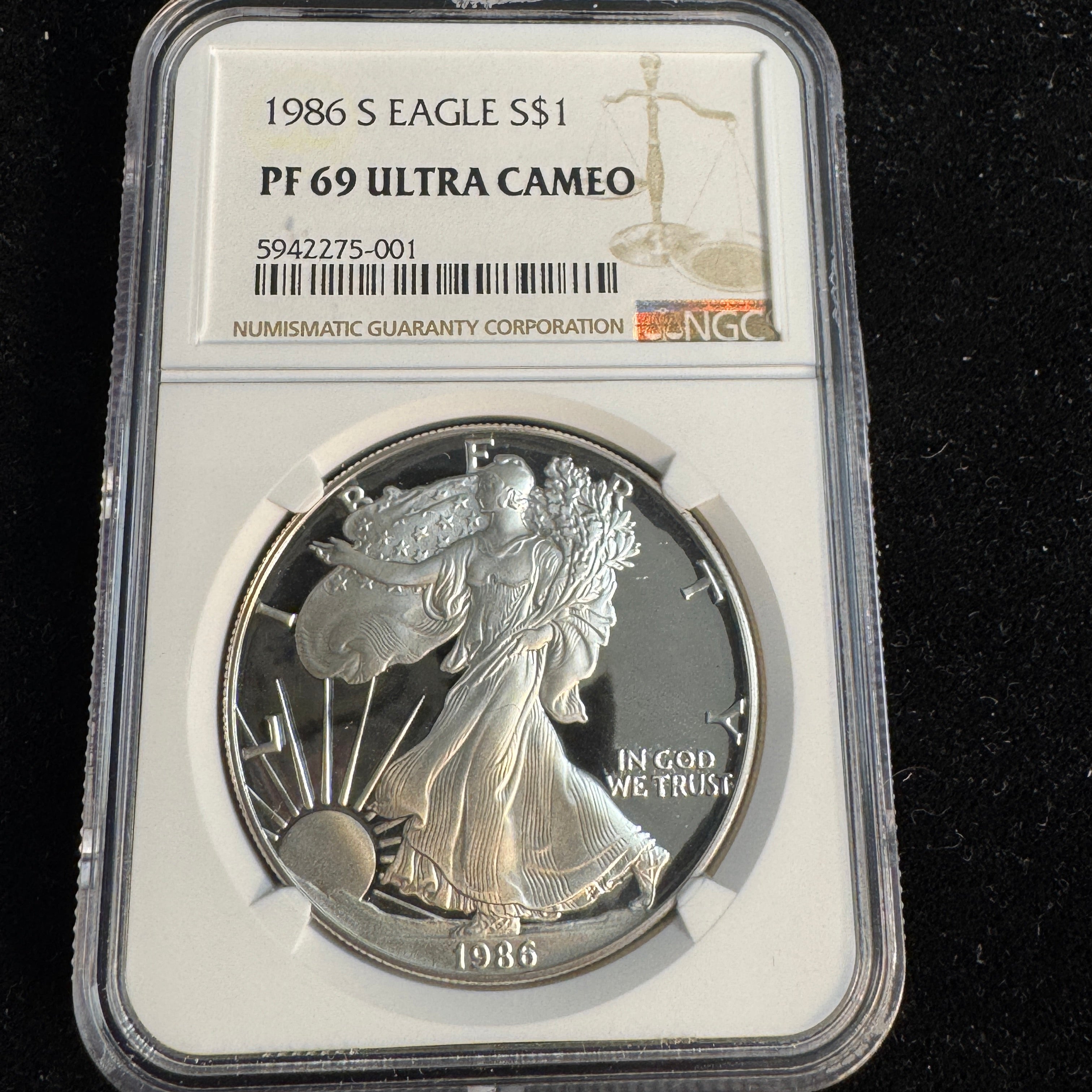1986-S Proof Silver Eagle $1, NGC PF-69 Ultra Cameo