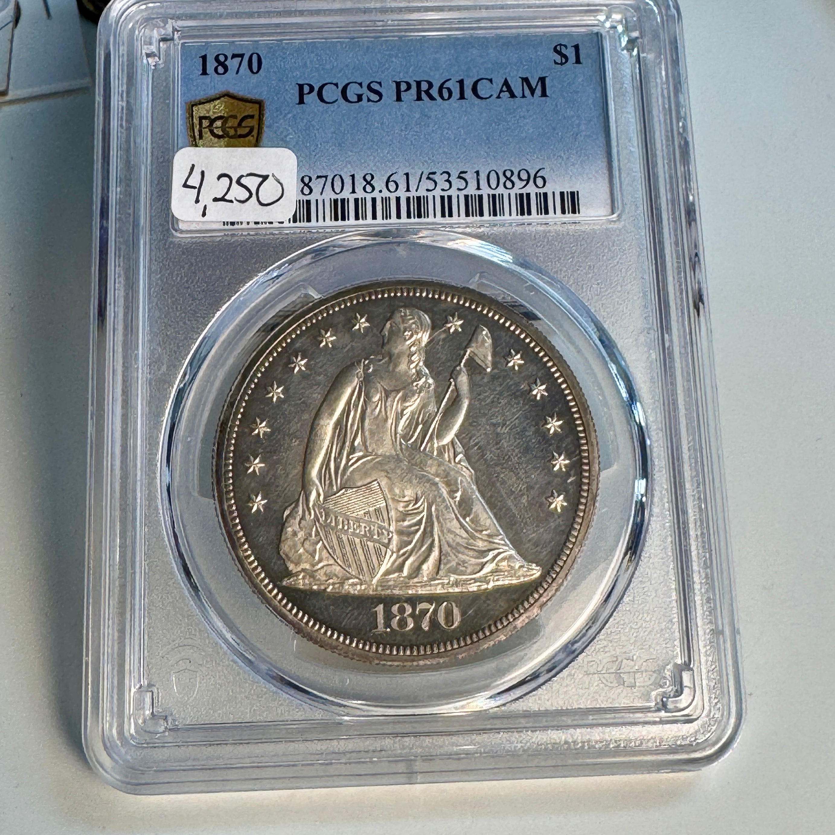 1870 Seated Silver Dollar Proof, PCGS PR-61 CAM / Cameo
