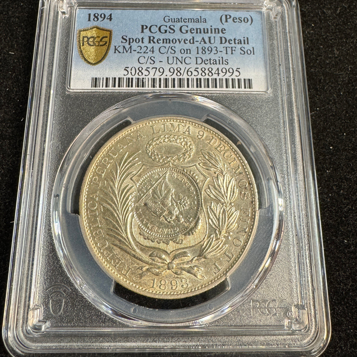 1894 Guatemala Peso KM-224 O/S on 1893-TF Peru Sol, PCGS AU Detail